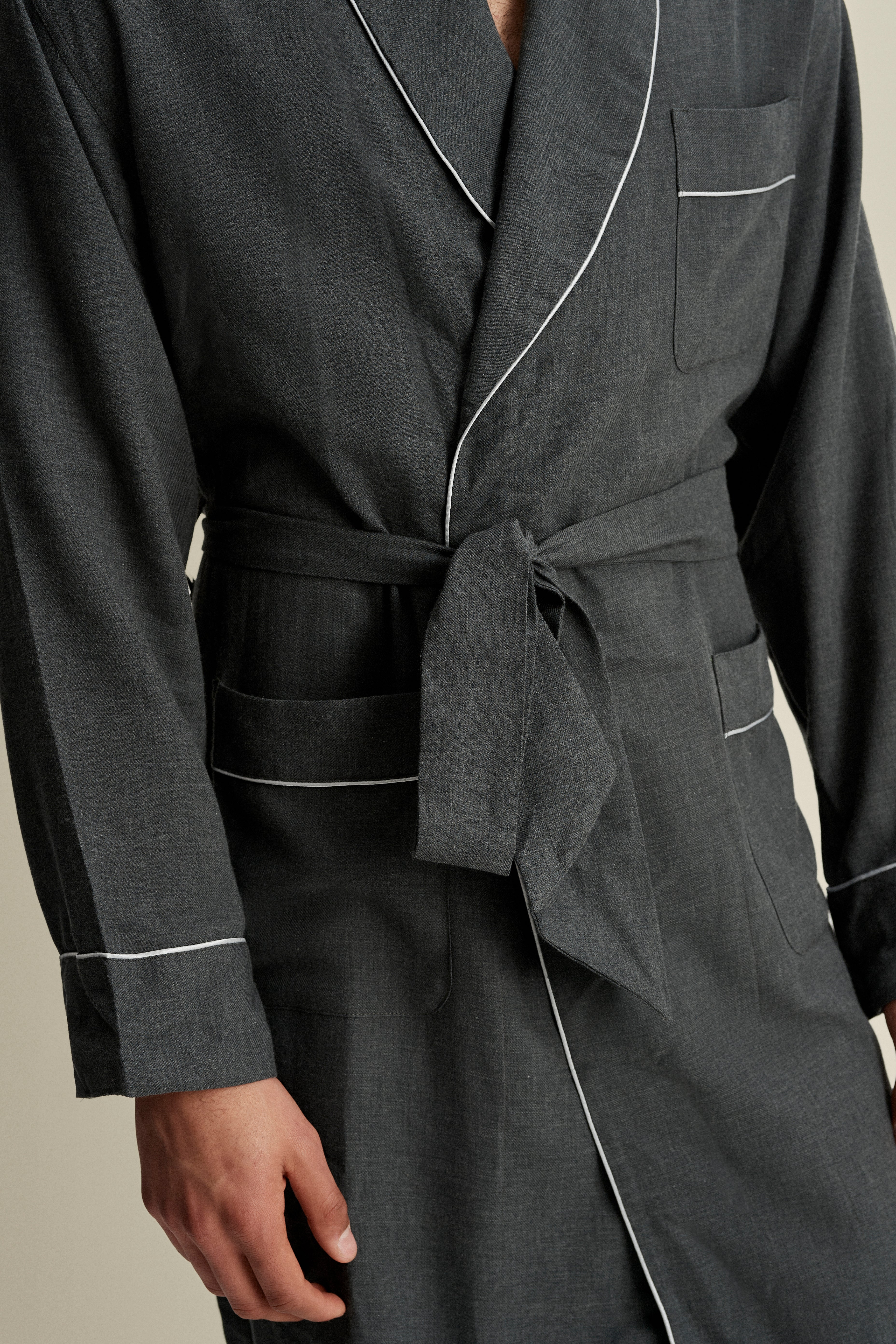 Brushed Cotton Dressing Gown Grey Detail Image