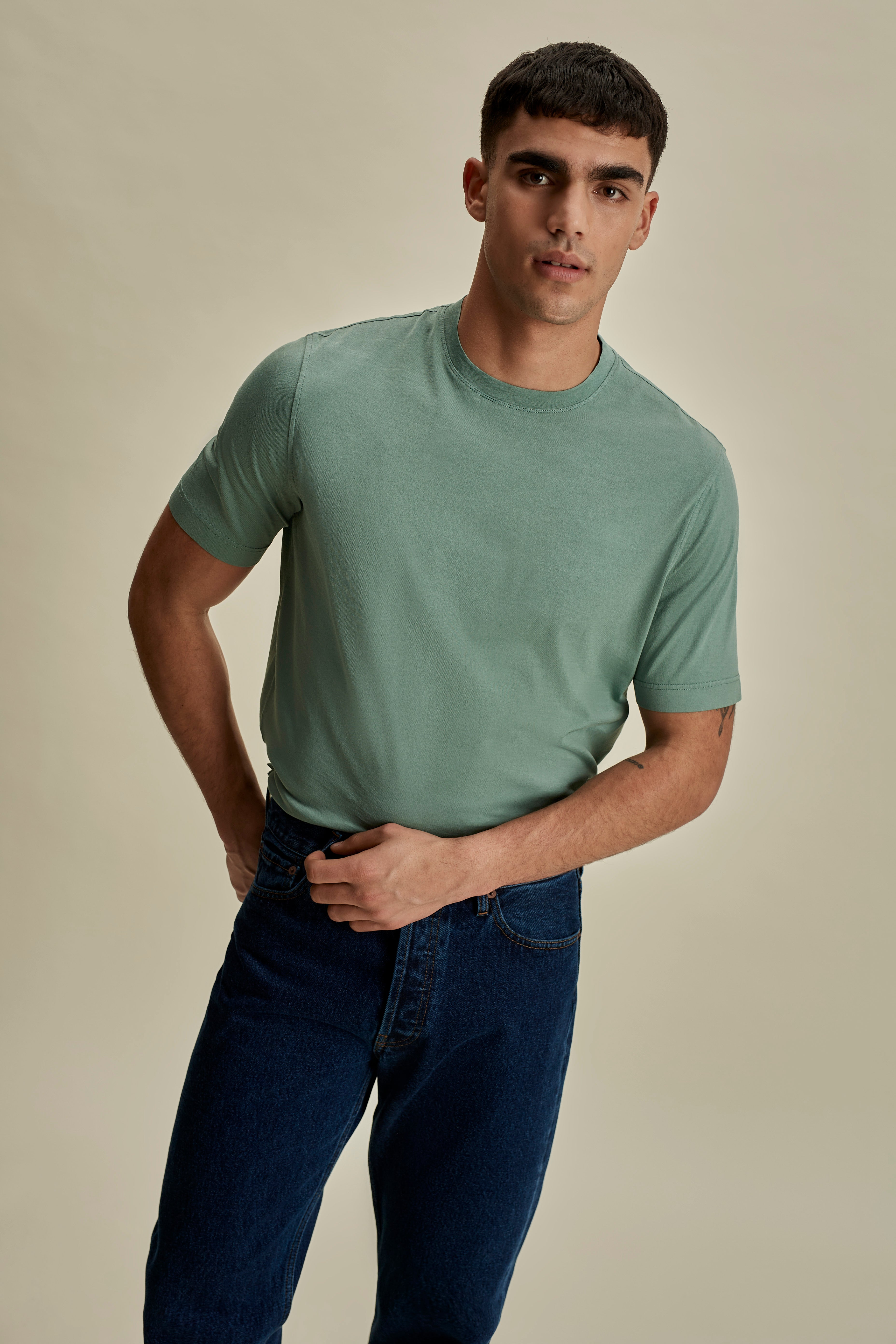 Lightweight Cotton Classic T-Shirt Sage Mid Crop Model Image