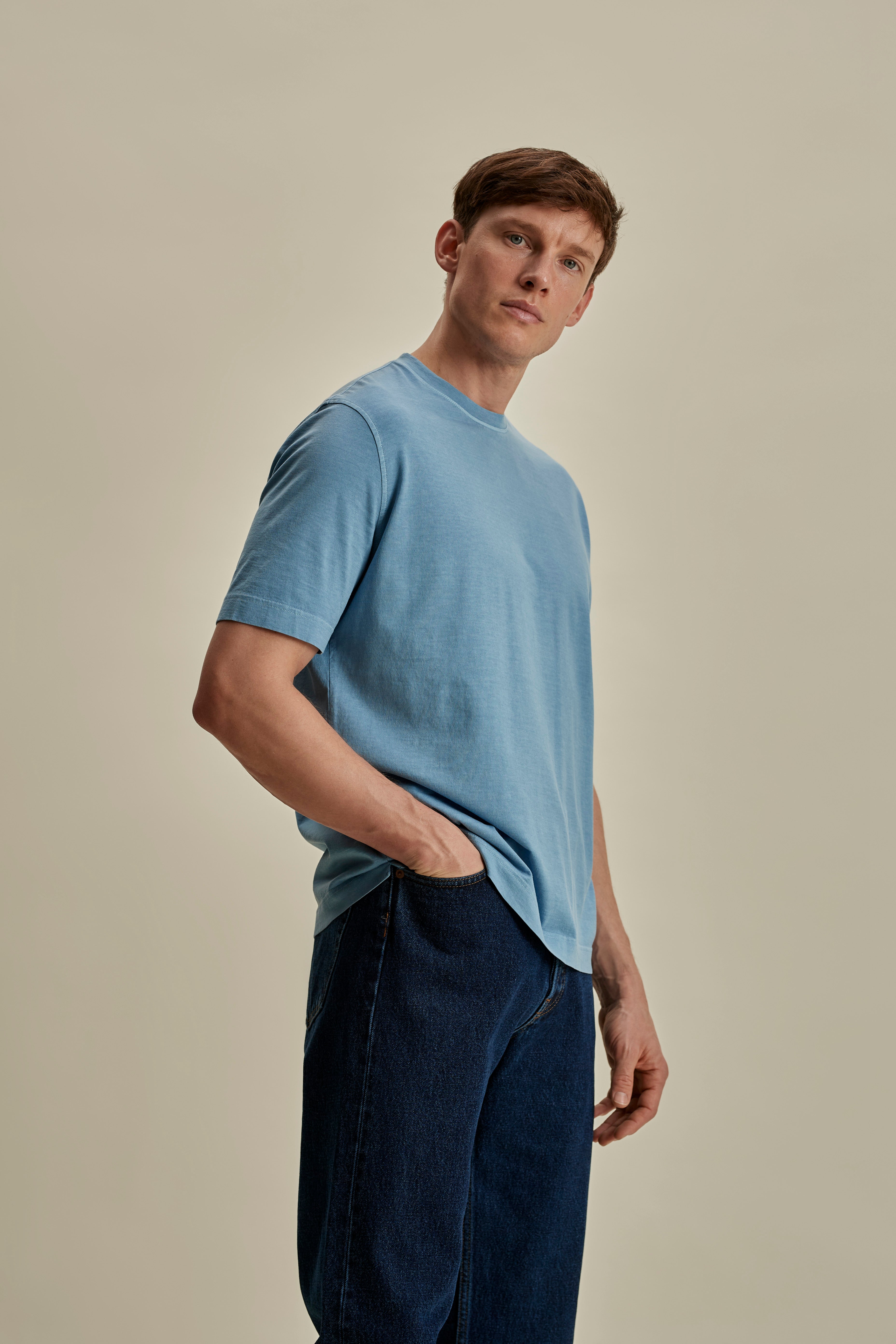 Lightweight Cotton Classic T-Shirt Powder Blue Mid Crop Model Image