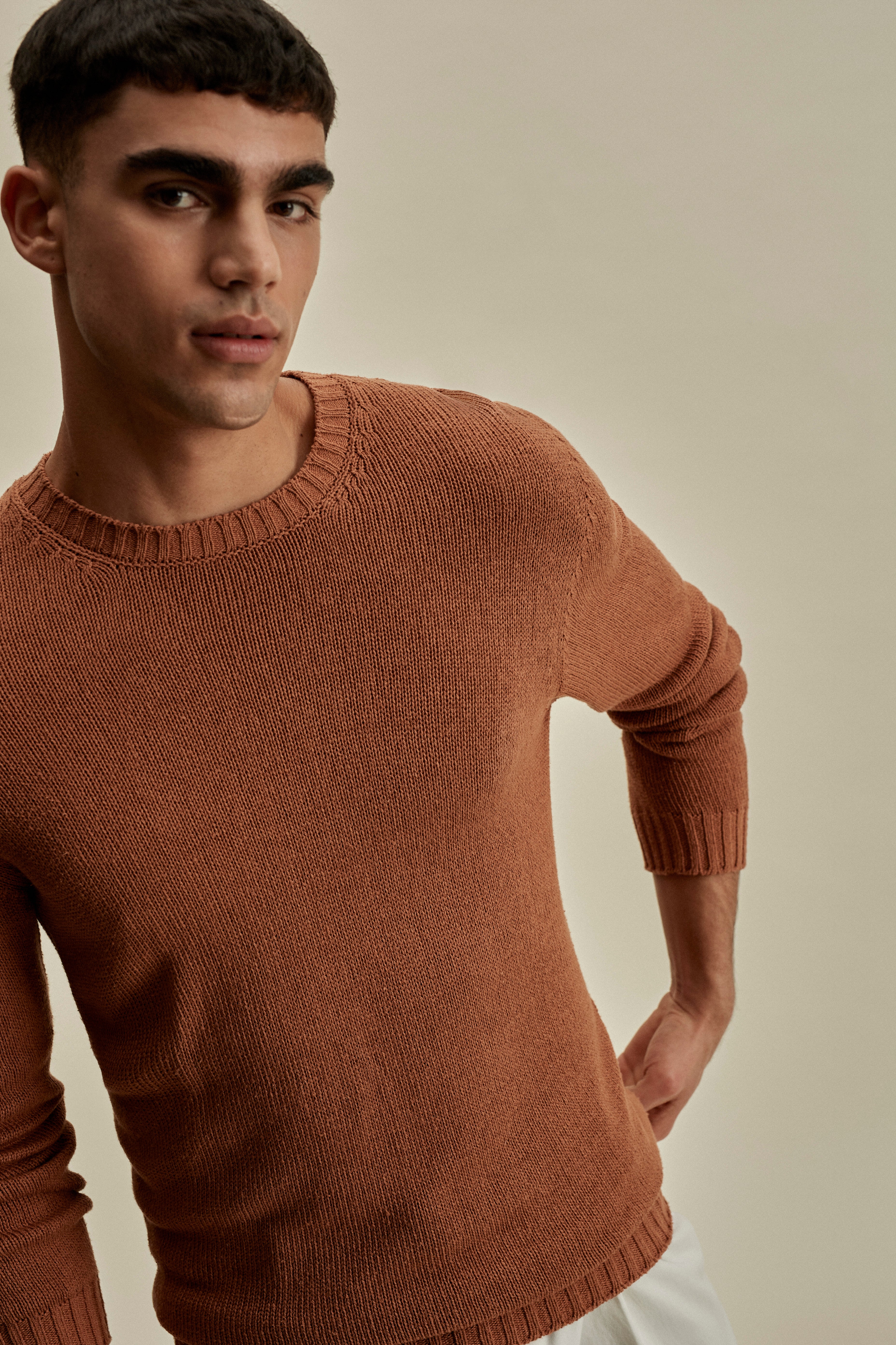 Bourette Silk Wide Gauge Crew Neck Sweater Terracotta Mid Crop Model Image