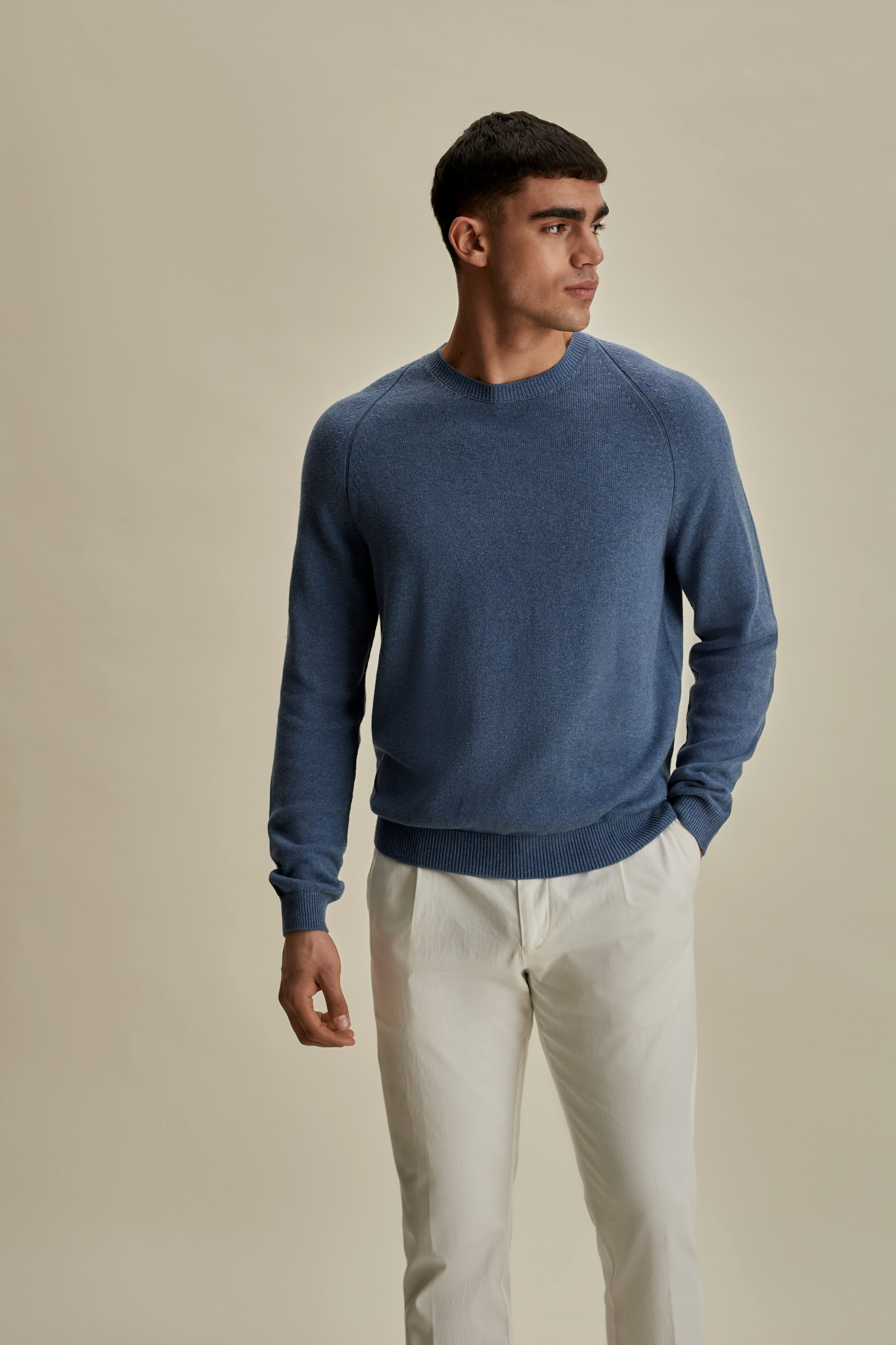 Cotton Raglan Crew Neck Sweater Denim Mid Crop Model Image