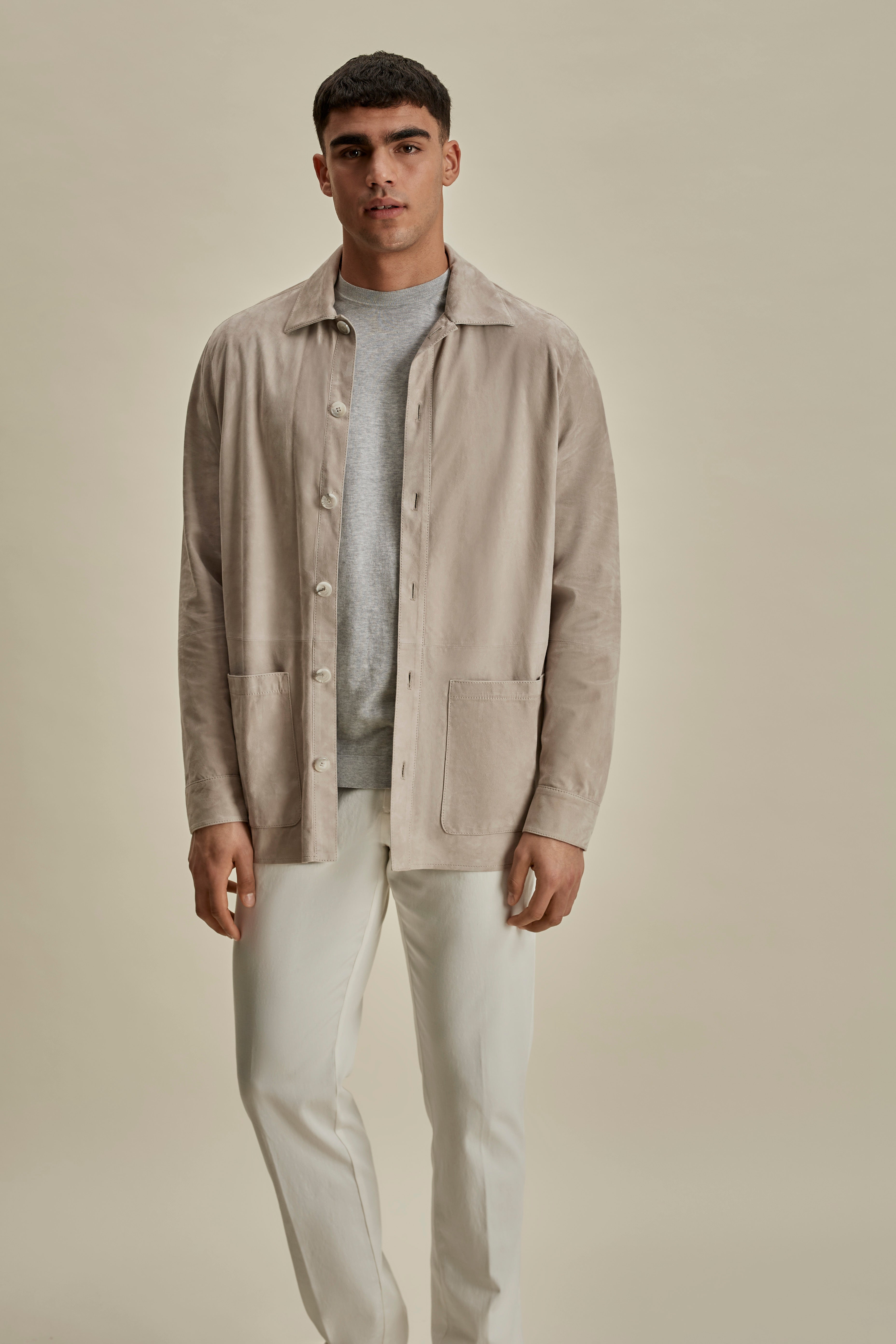Suede Button Through Overshirt Stone Mid Crop Model Image