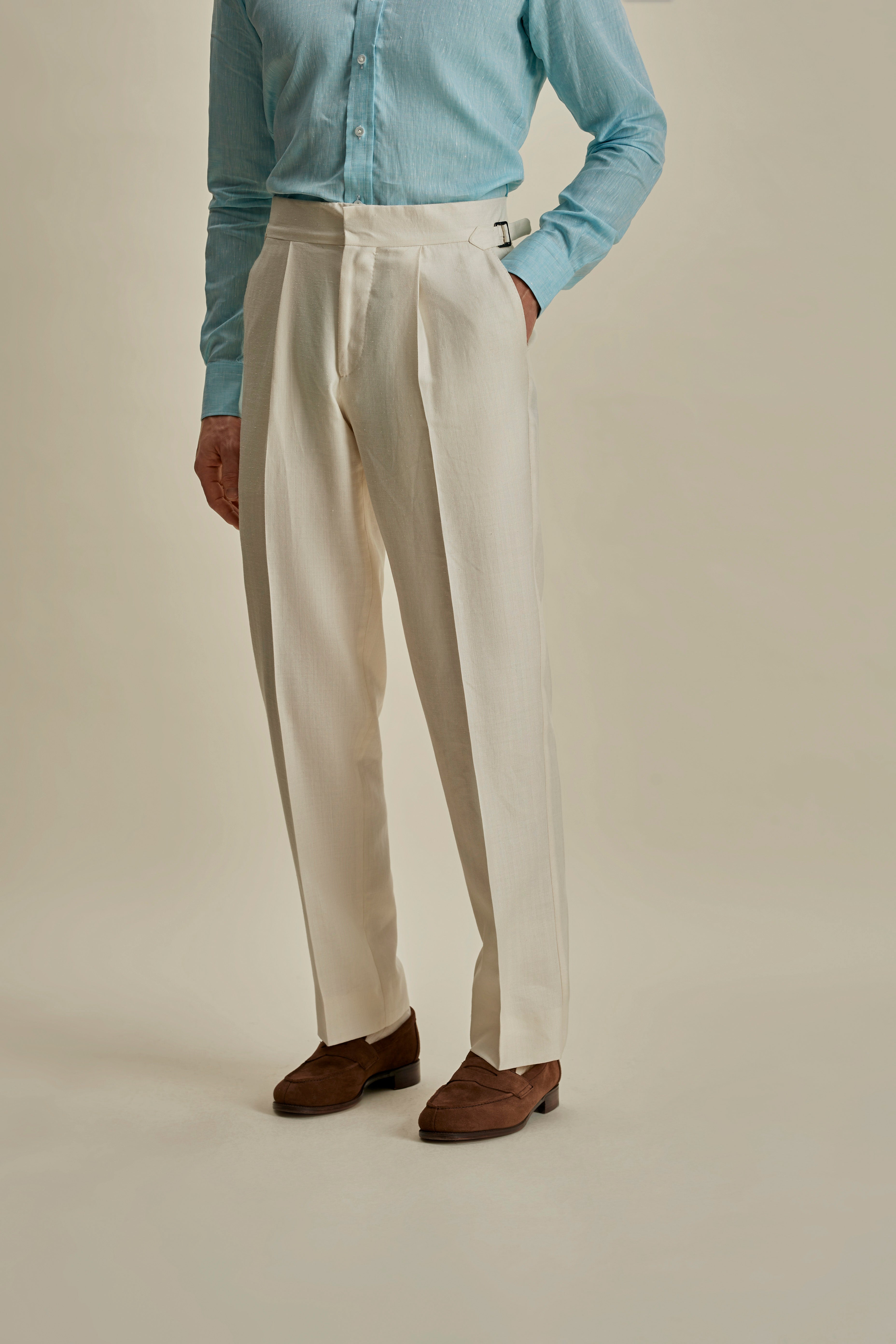Wool Silk Wide Leg Easy Tailored Trousers Stone Mid Crop Model Image