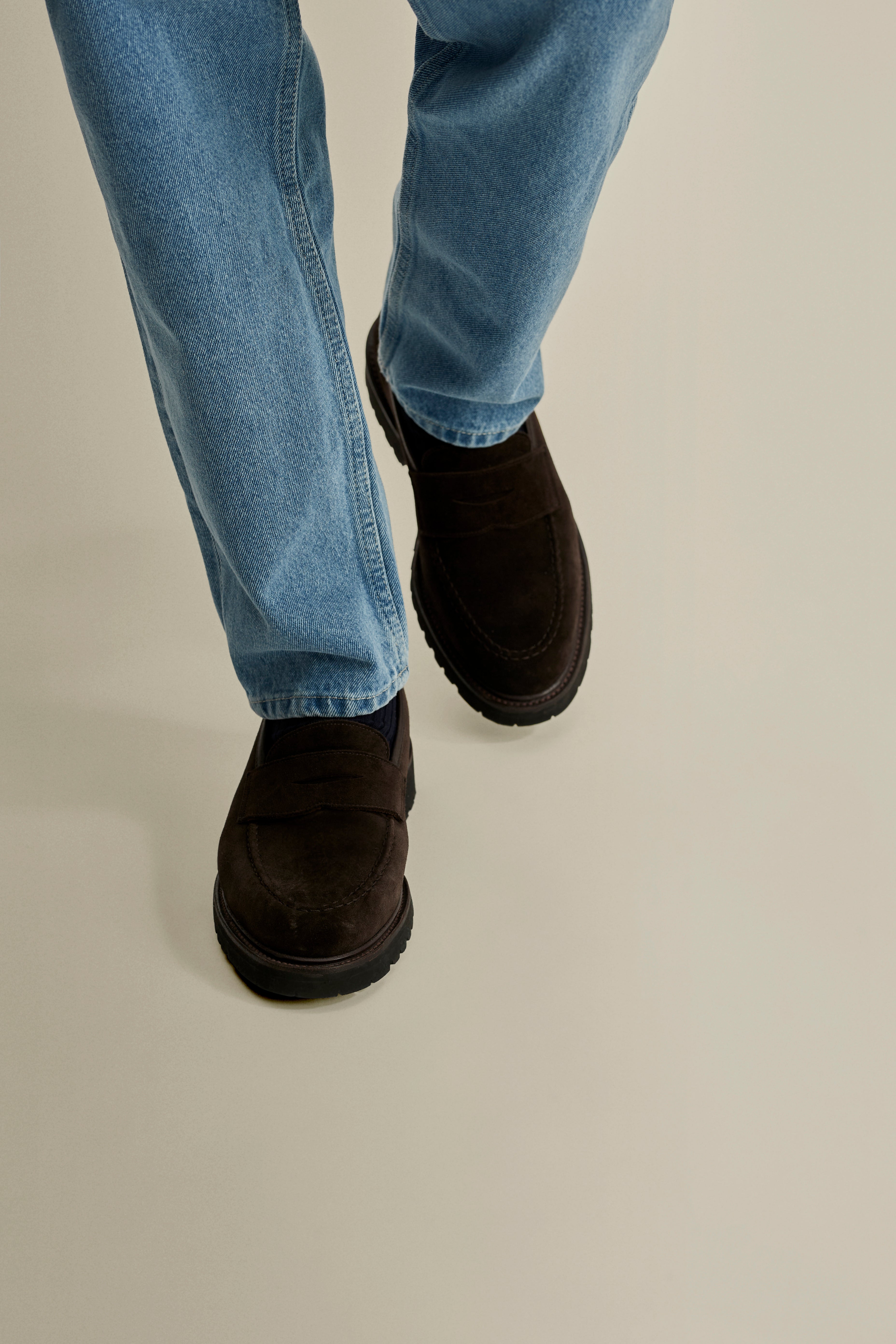 Calf Suede Penny Loafer Shoes Brown Model Image