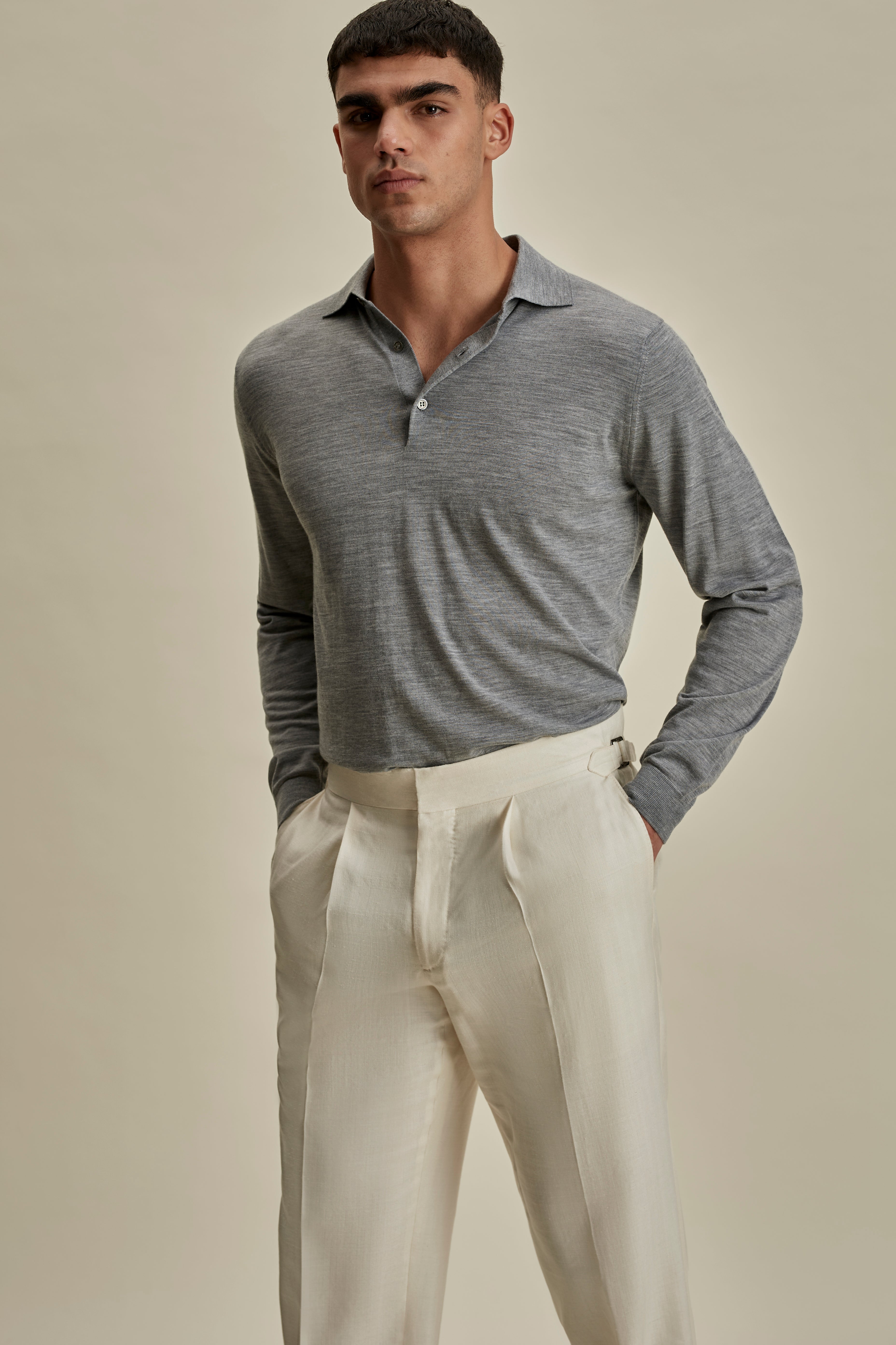 Merino Wool Fine Gauge Long Sleeve Polo Shirt Grey Mid Crop Model