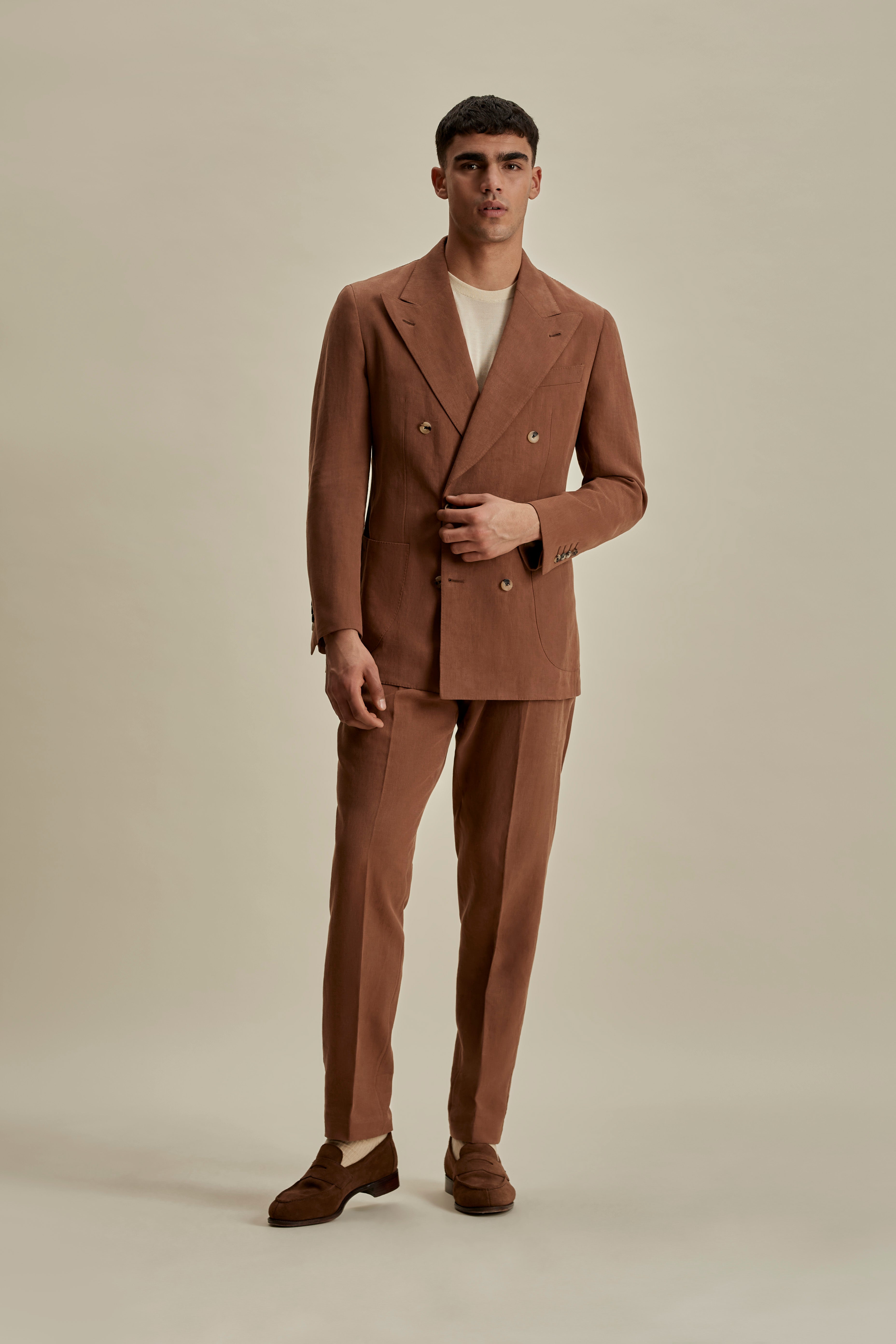 Linen Unstructured Double Breasted Peak Lapel Suit Terracotta Full Length Model Image