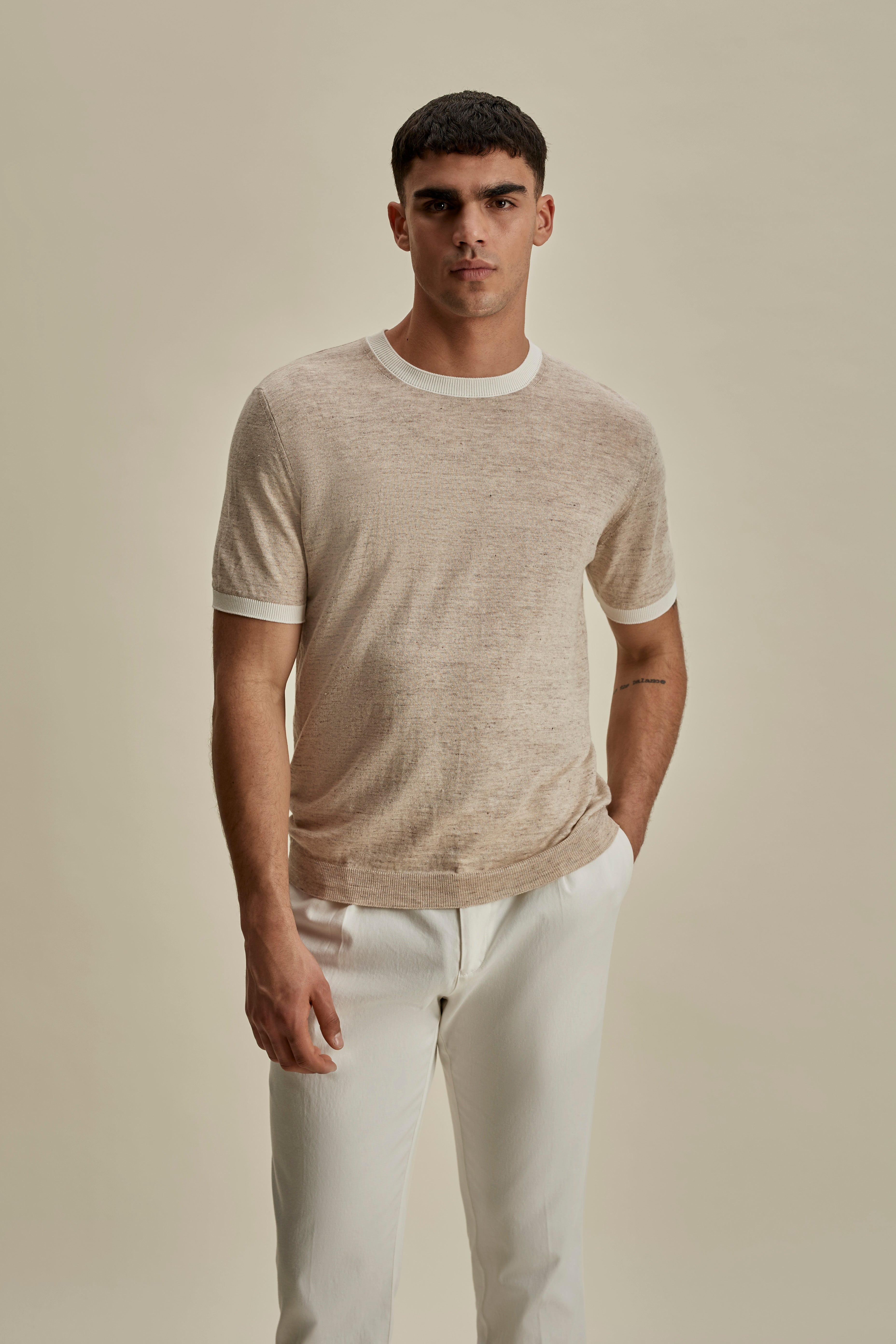 Linen Cotton Contrast Rib T-Shirt Sand White Mid Crop Model Image