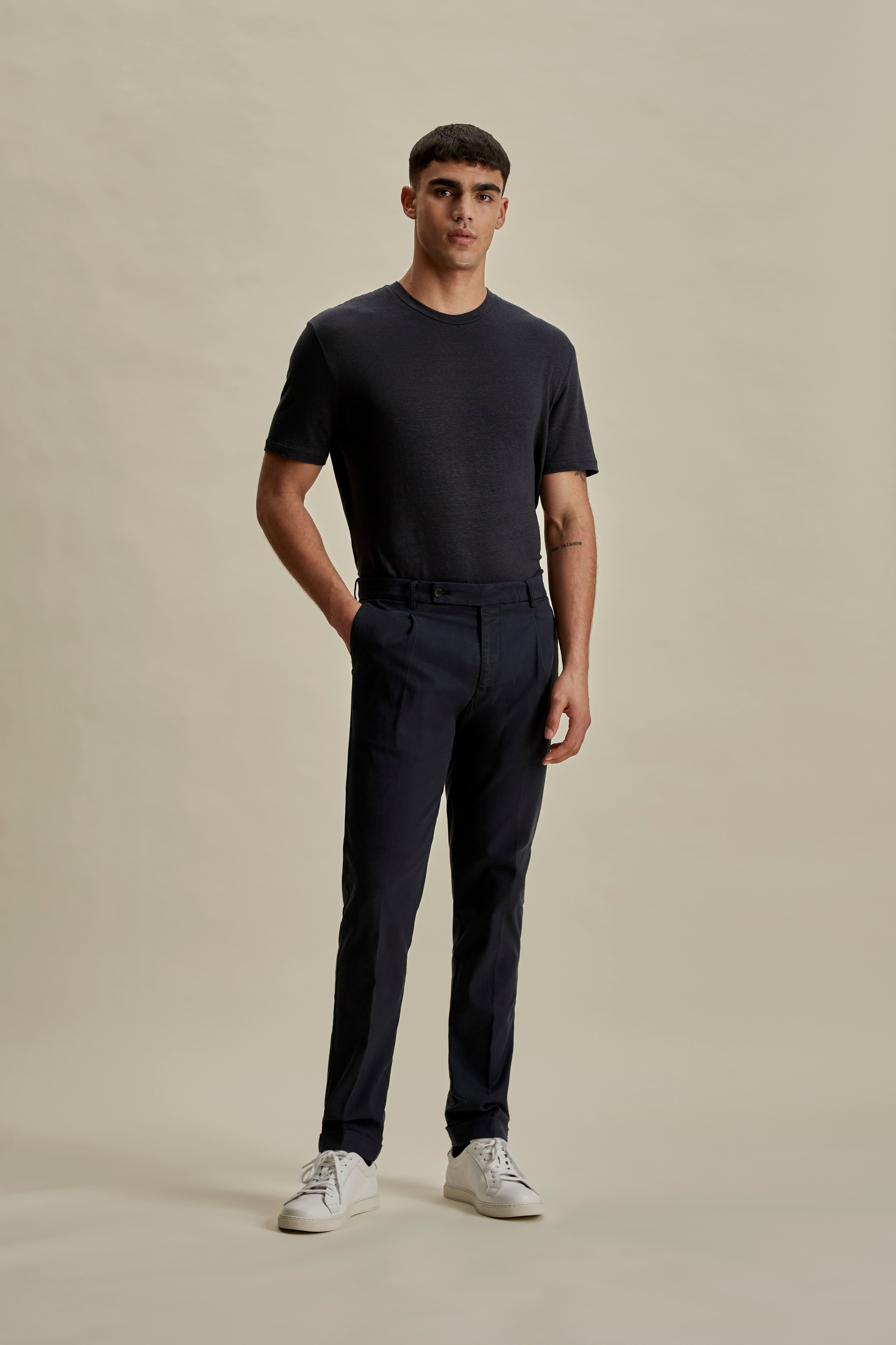 Cotton Easy Fit Flat Front Chinos Navy Full Length Model Image