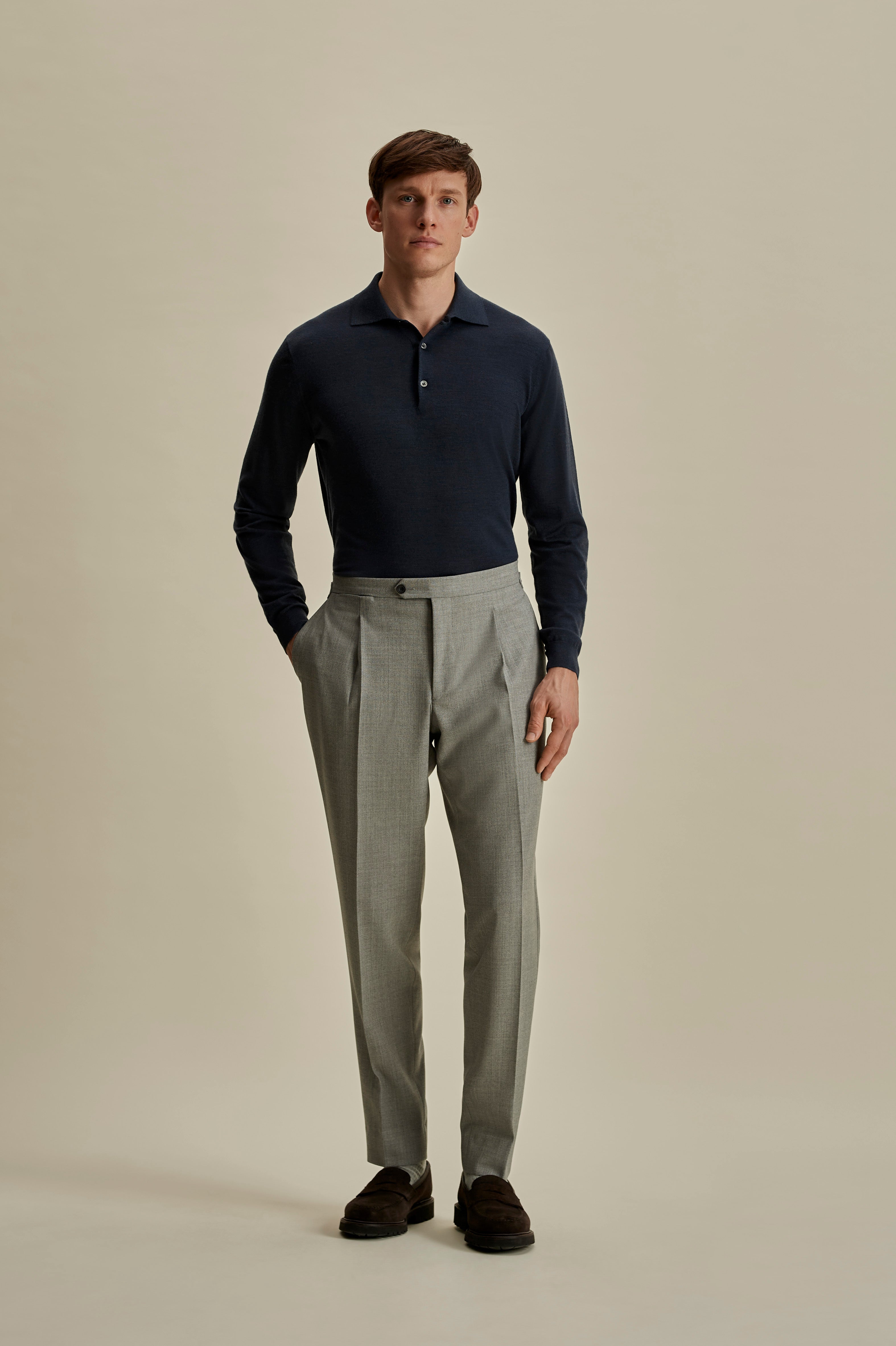Wool Single Pleat Tailored Trousers Cool Grey Full Length Model Image
