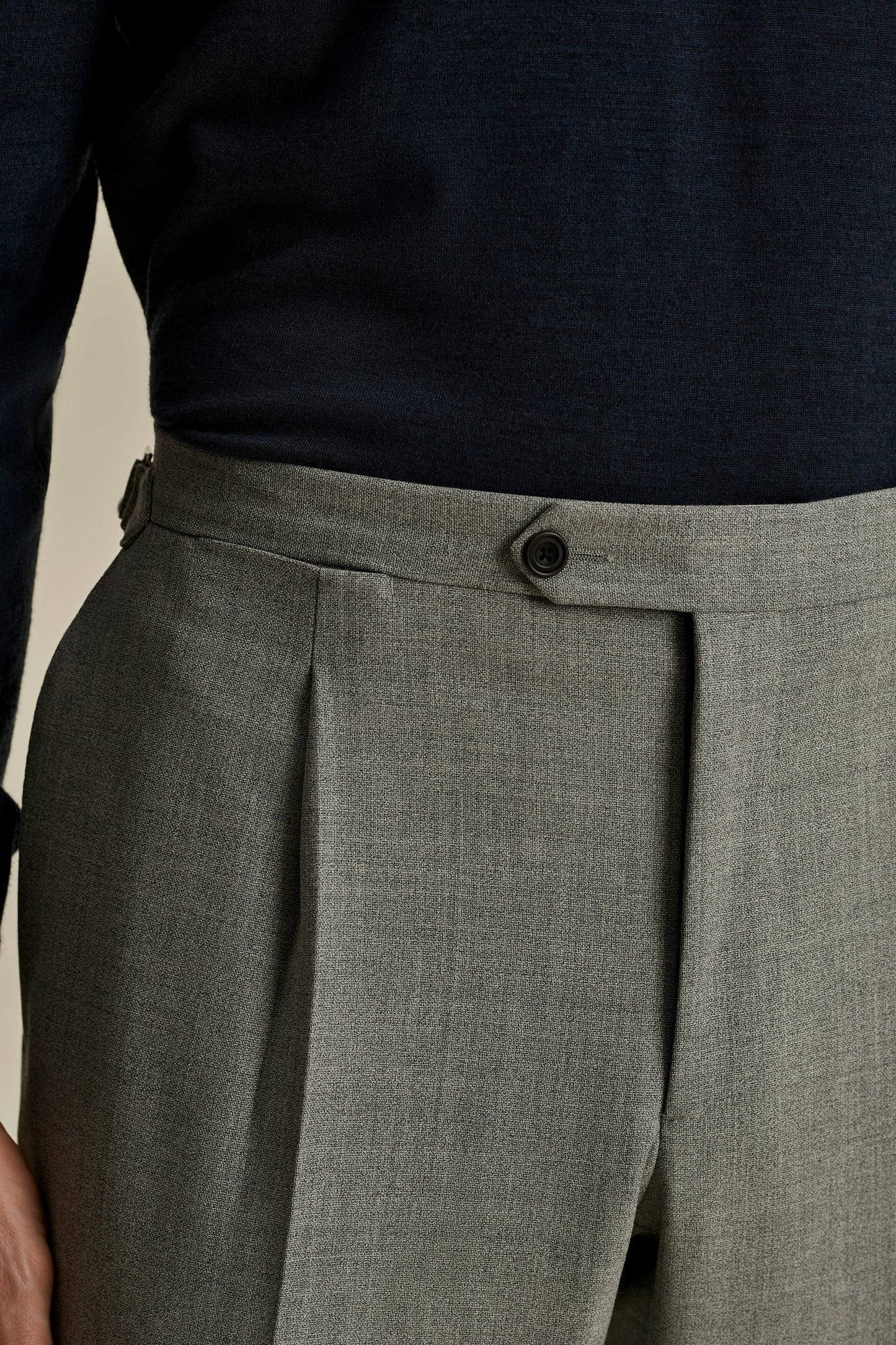Wool Single Pleat Tailored Trousers Cool Grey Detail Model Image
