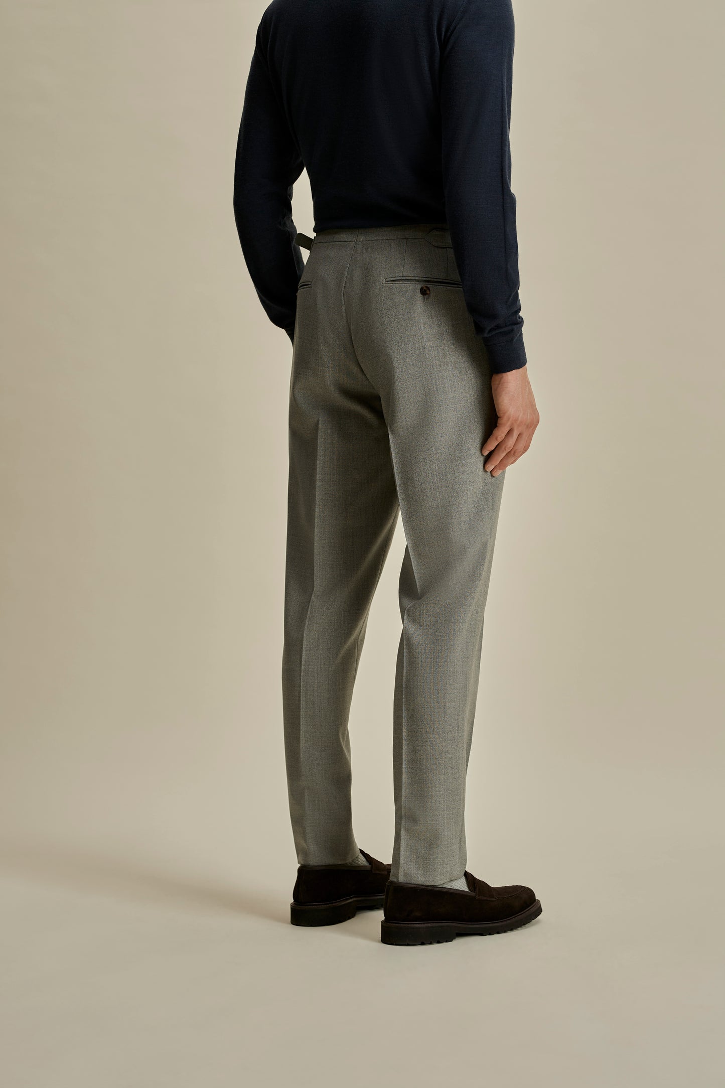 Wool Single Pleat Tailored Trousers Cool Grey Back Mid CropModel Image