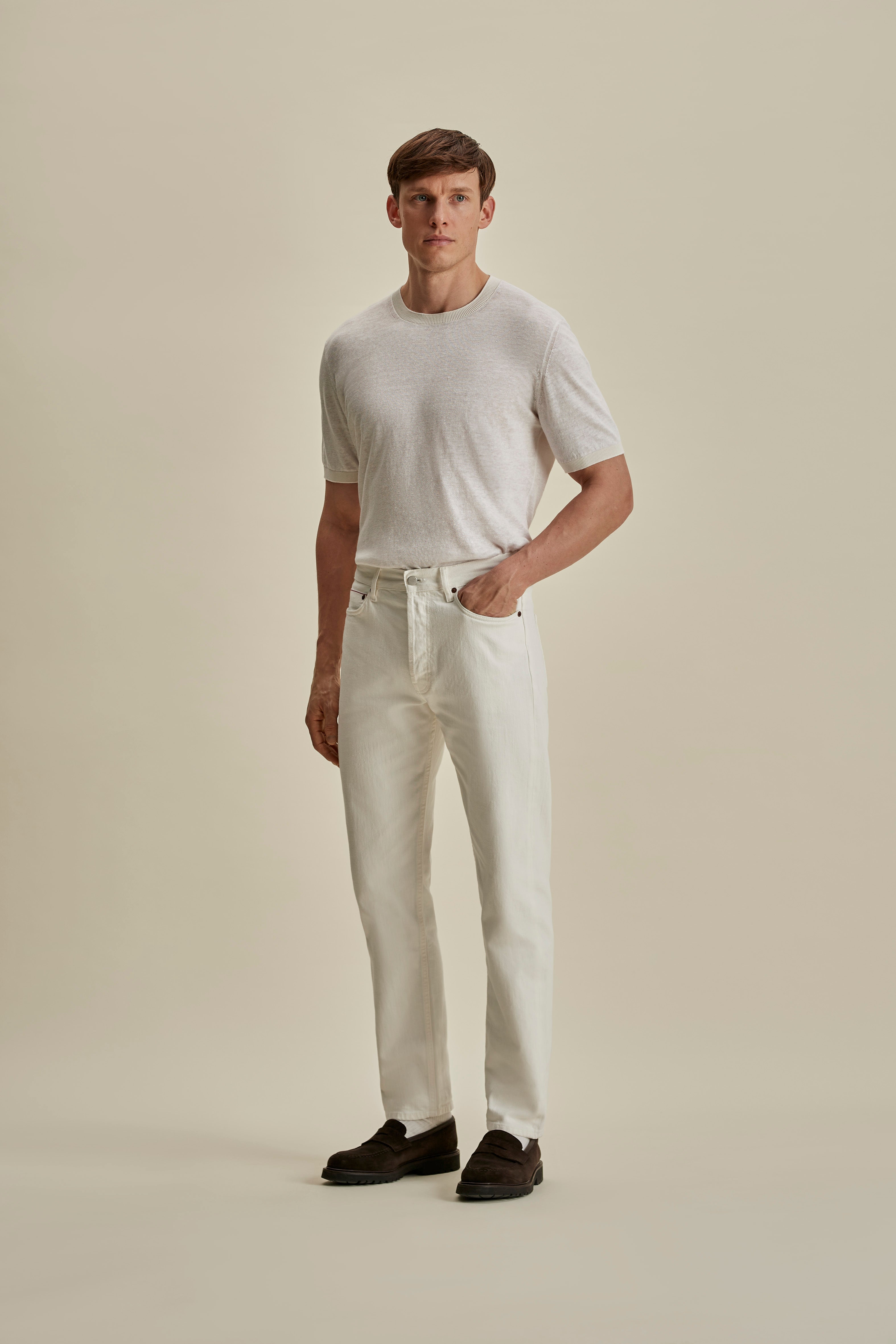 Linen Cotton Contrast Rib T-Shirt White White Full Length Model Image