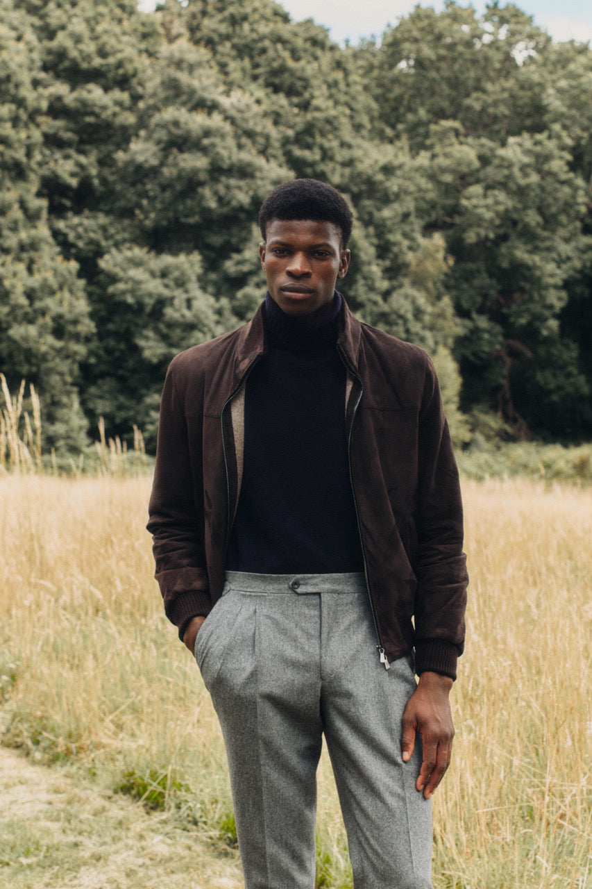 Suede Zip Through Bomber Jacket Brown Campaign Image