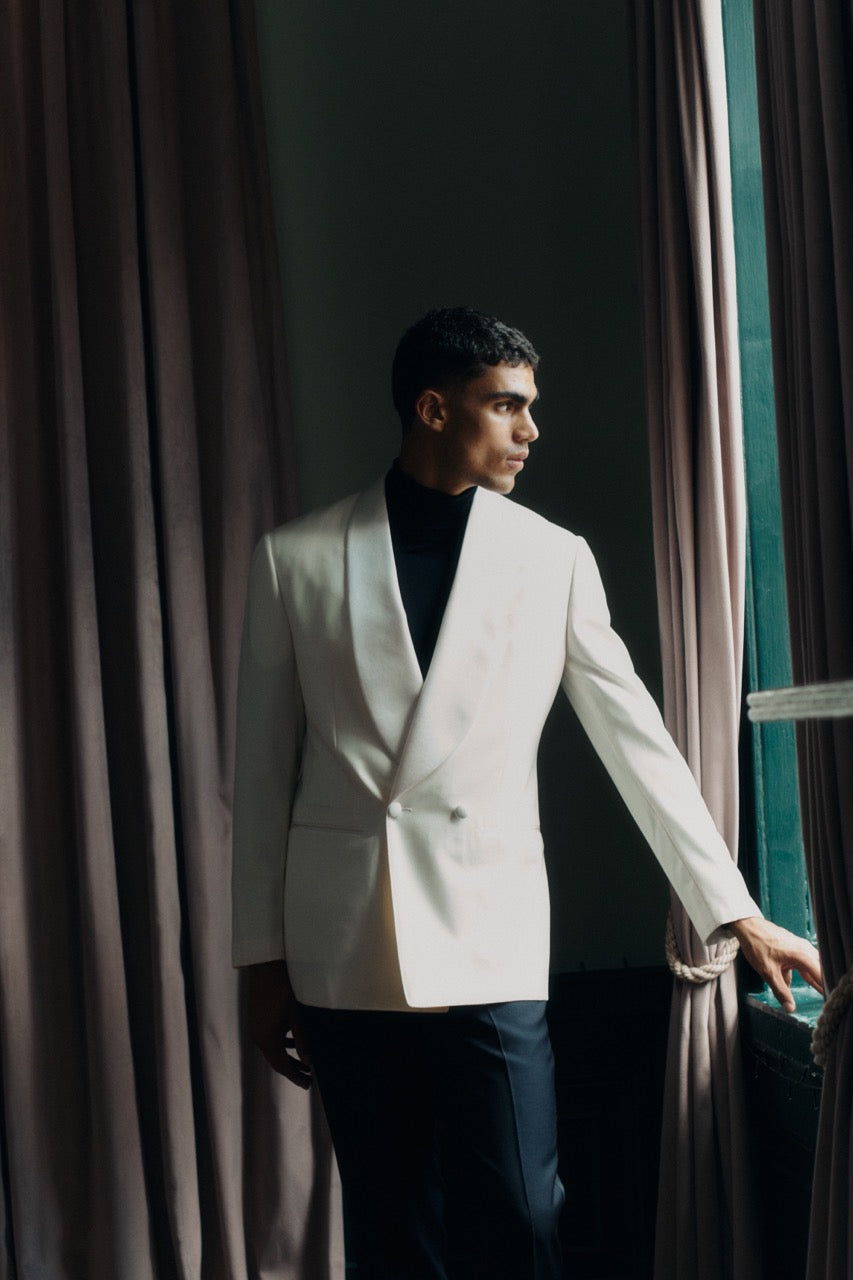 Double Breasted Shawl Lapel Dinner Jacket Cream Campaign Image