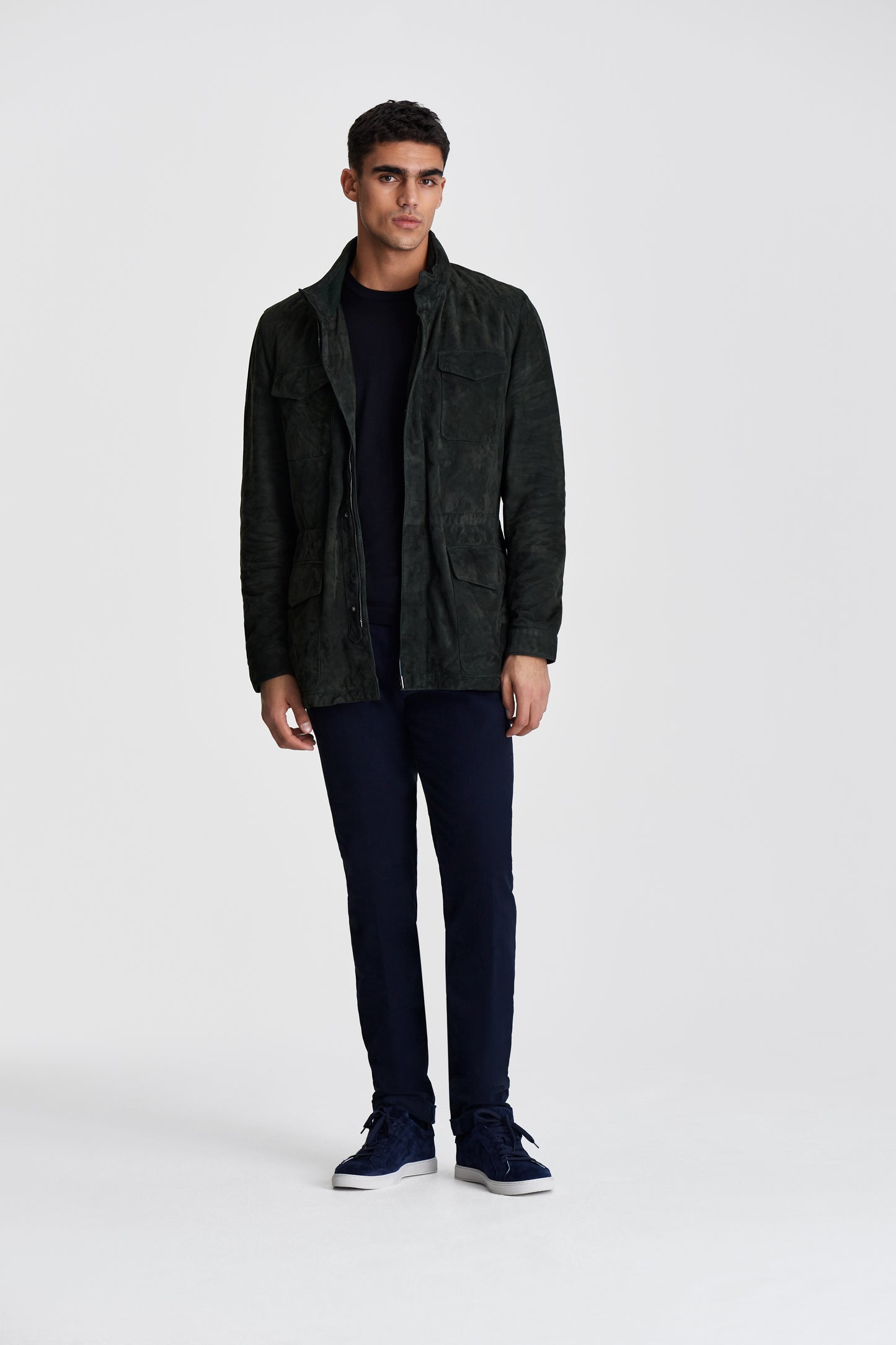 Cashmere Lined Suede Safari Jacket Darkest Green Model Image