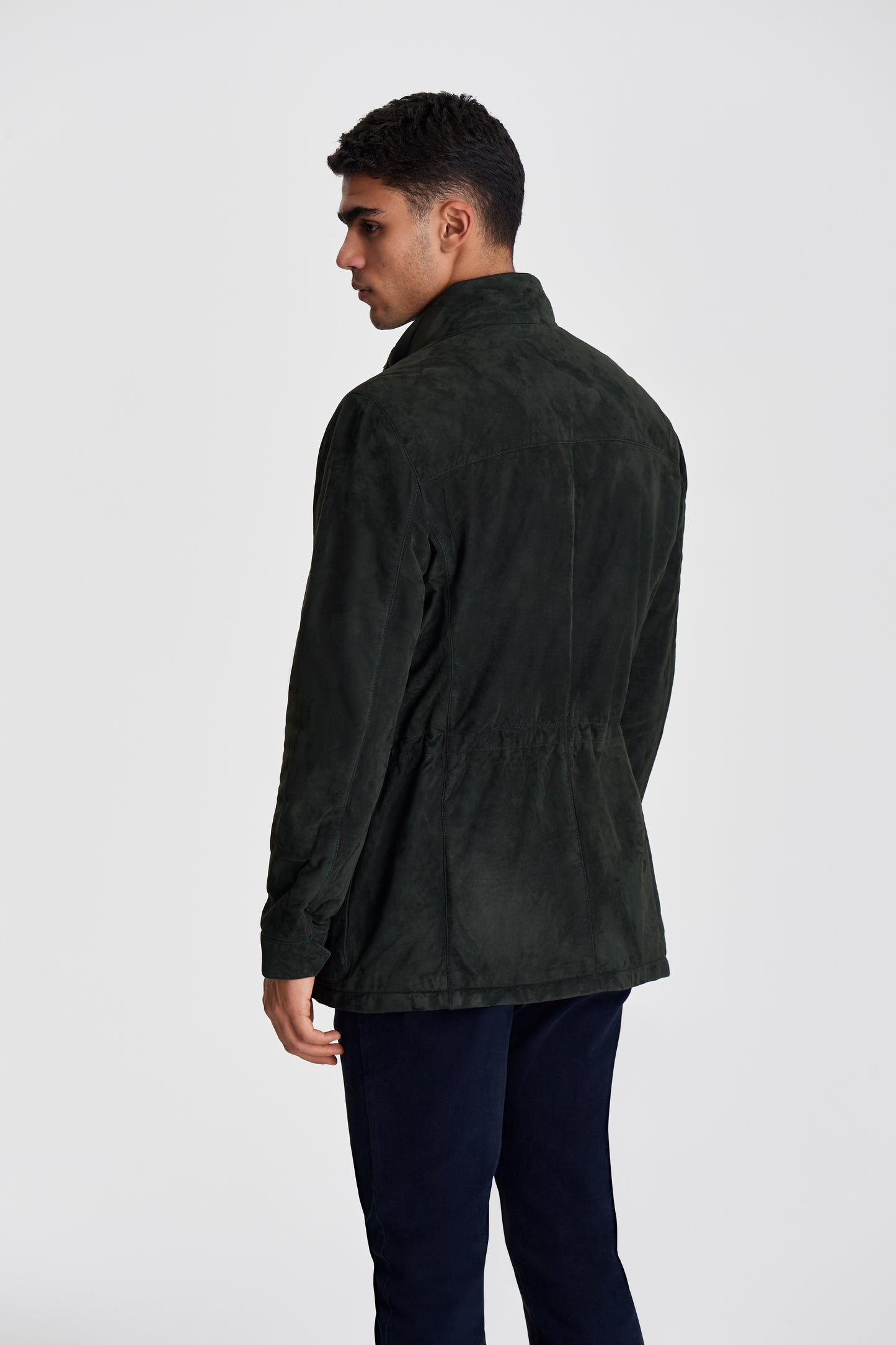 Cashmere Lined Suede Safari Jacket Darkest Green Model Back Image