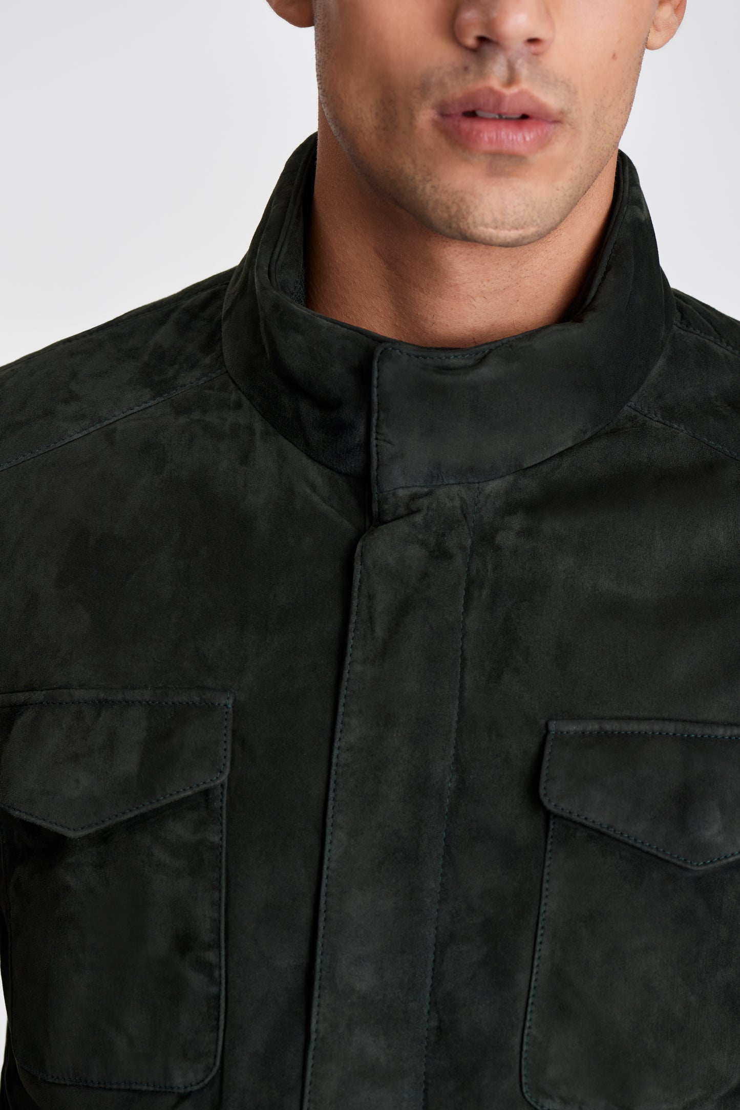 Cashmere Lined Suede Safari Jacket Darkest Green Model Neck Image