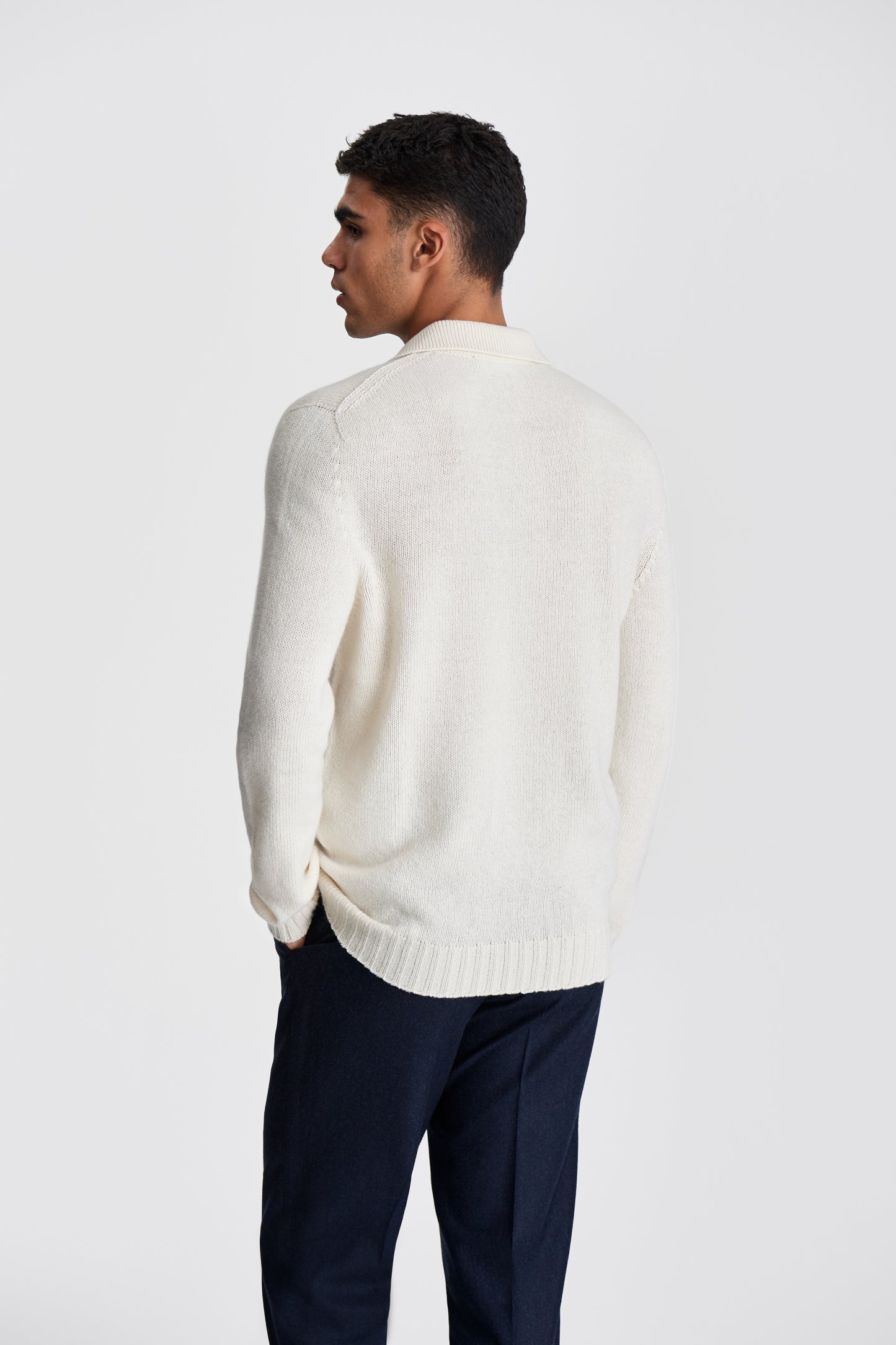 Cashmere Long Sleeve Skipper Polo Shirt Off White Model Cropped Back Image