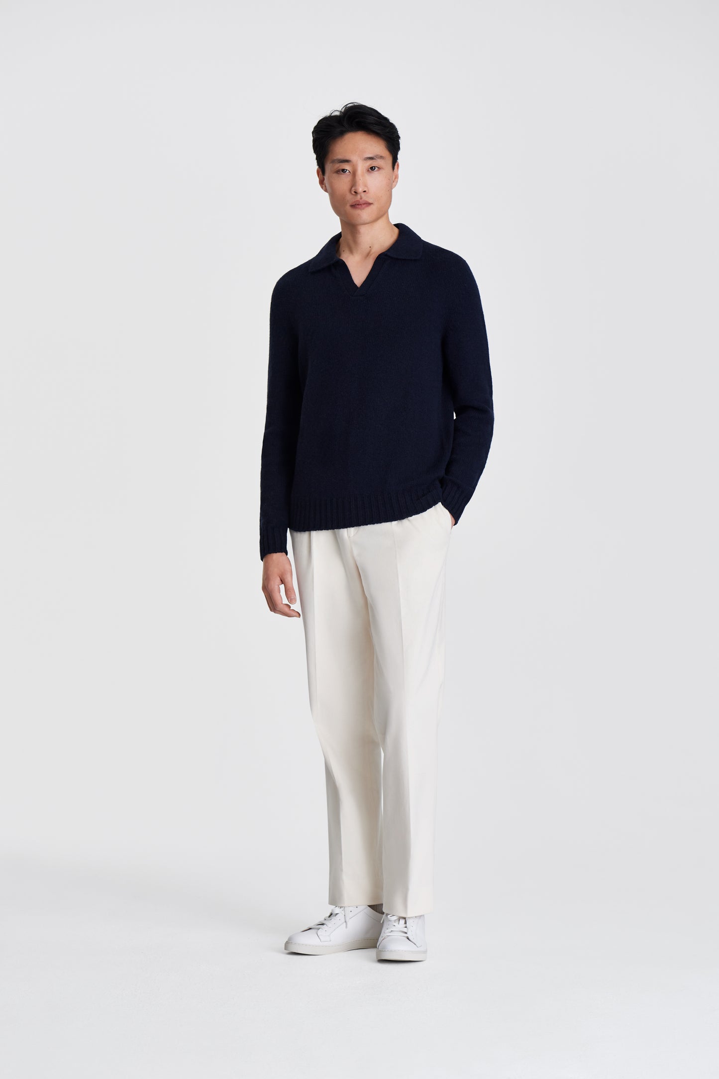 Cashmere Long Sleeve Skipper Polo Shirt Navy Model Image