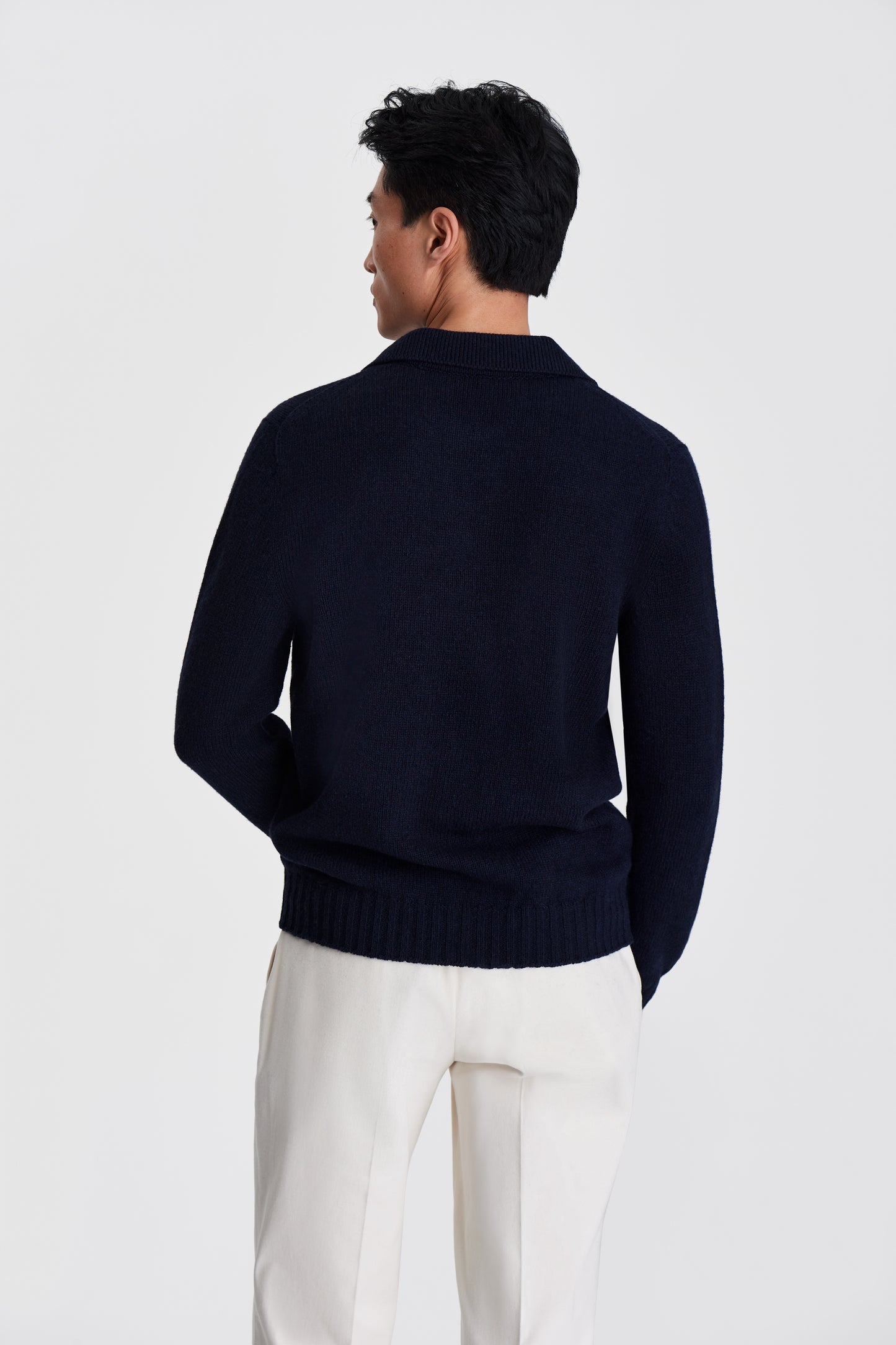 Cashmere Long Sleeve Skipper Polo Shirt Navy Model Cropped Back Image