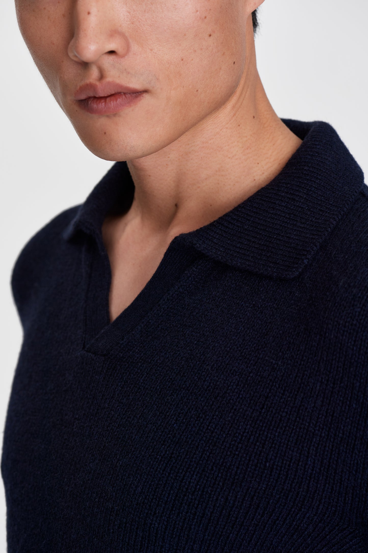 Cashmere Long Sleeve Skipper Polo Shirt Navy Model Neck Image