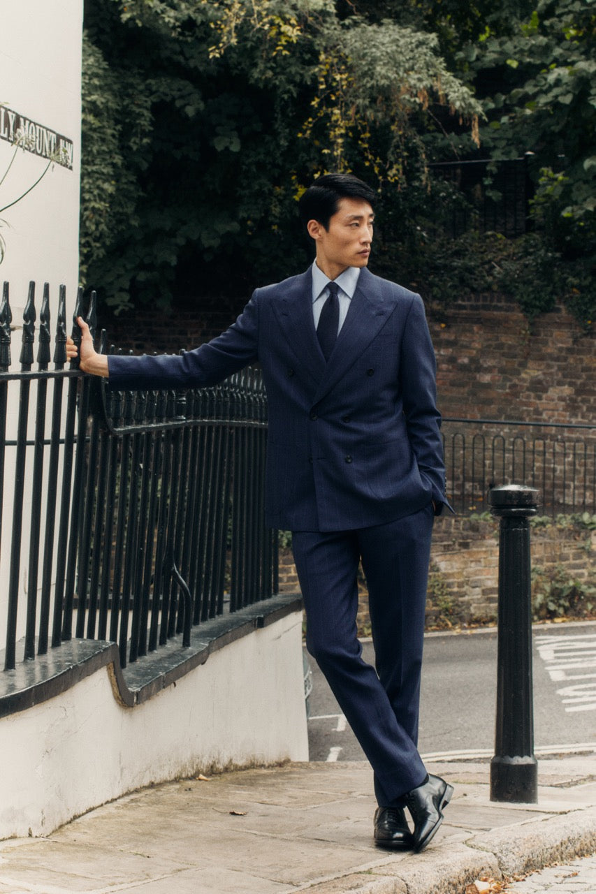 Wool Double Breasted Pin Stripe Suit Navy Campaign Image