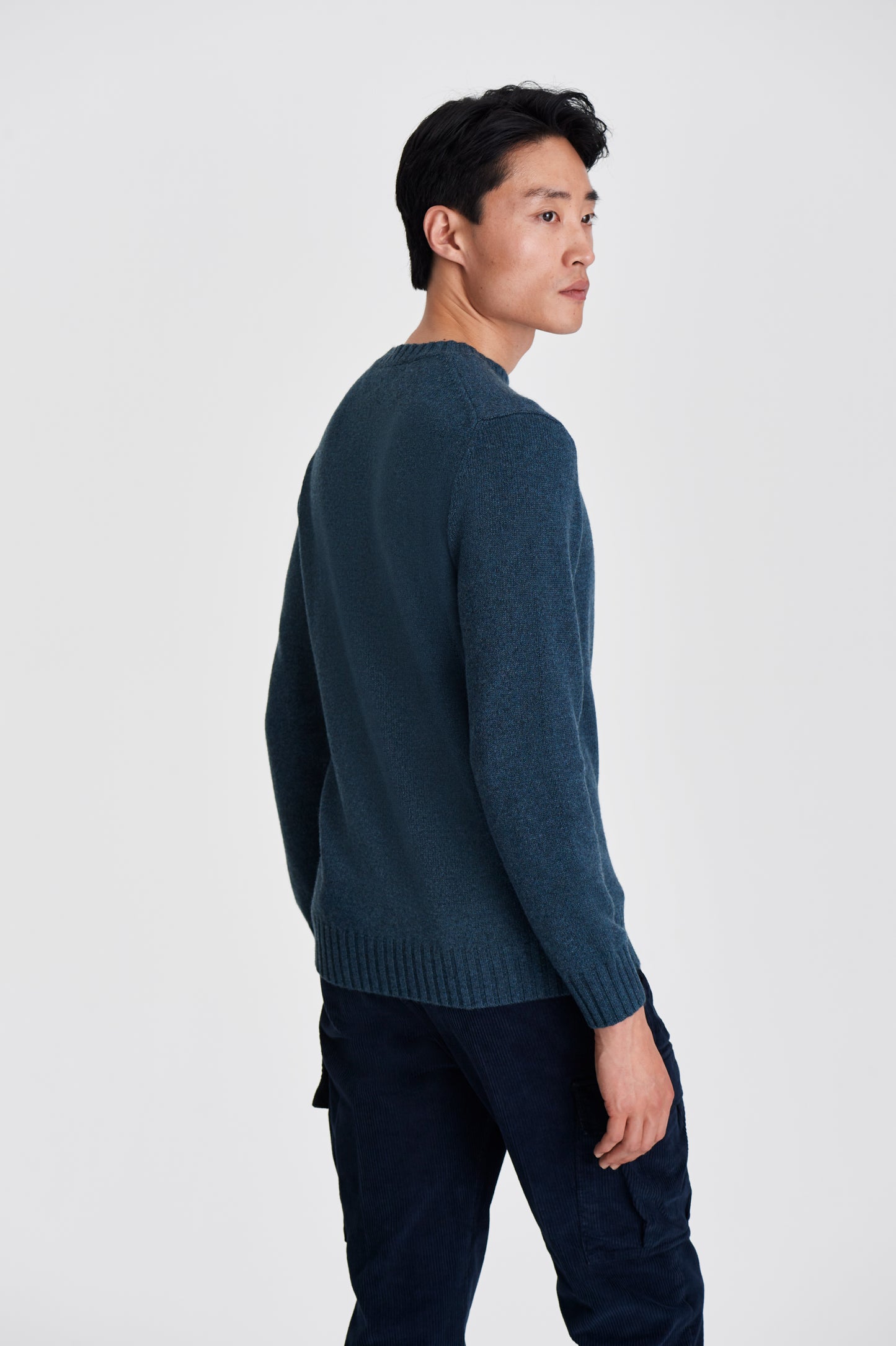 Cashmere Crew Neck Sweater Moss Blue Model Back Image