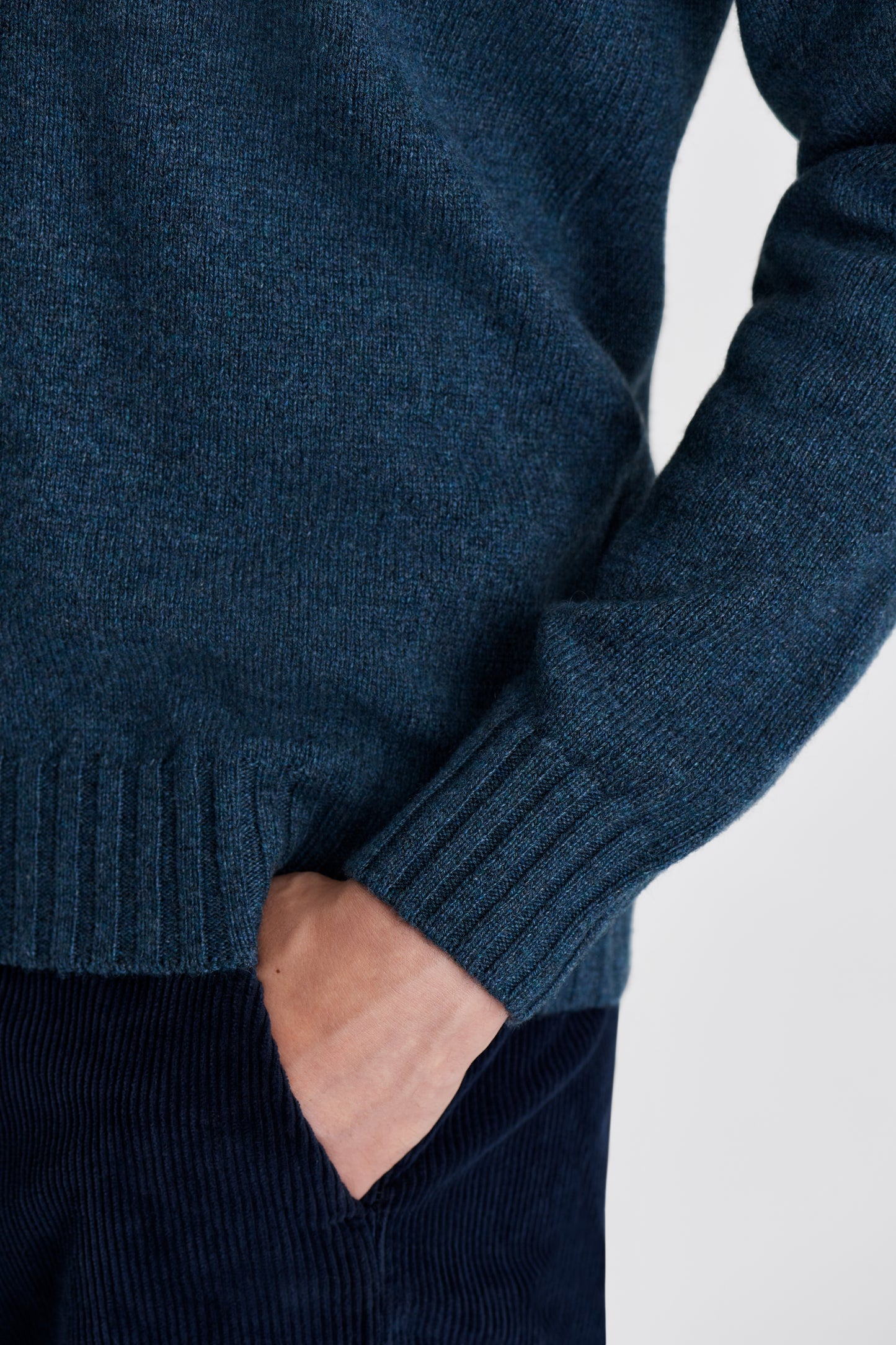 Cashmere Crew Neck Sweater Moss Blue Model Sleeve Image