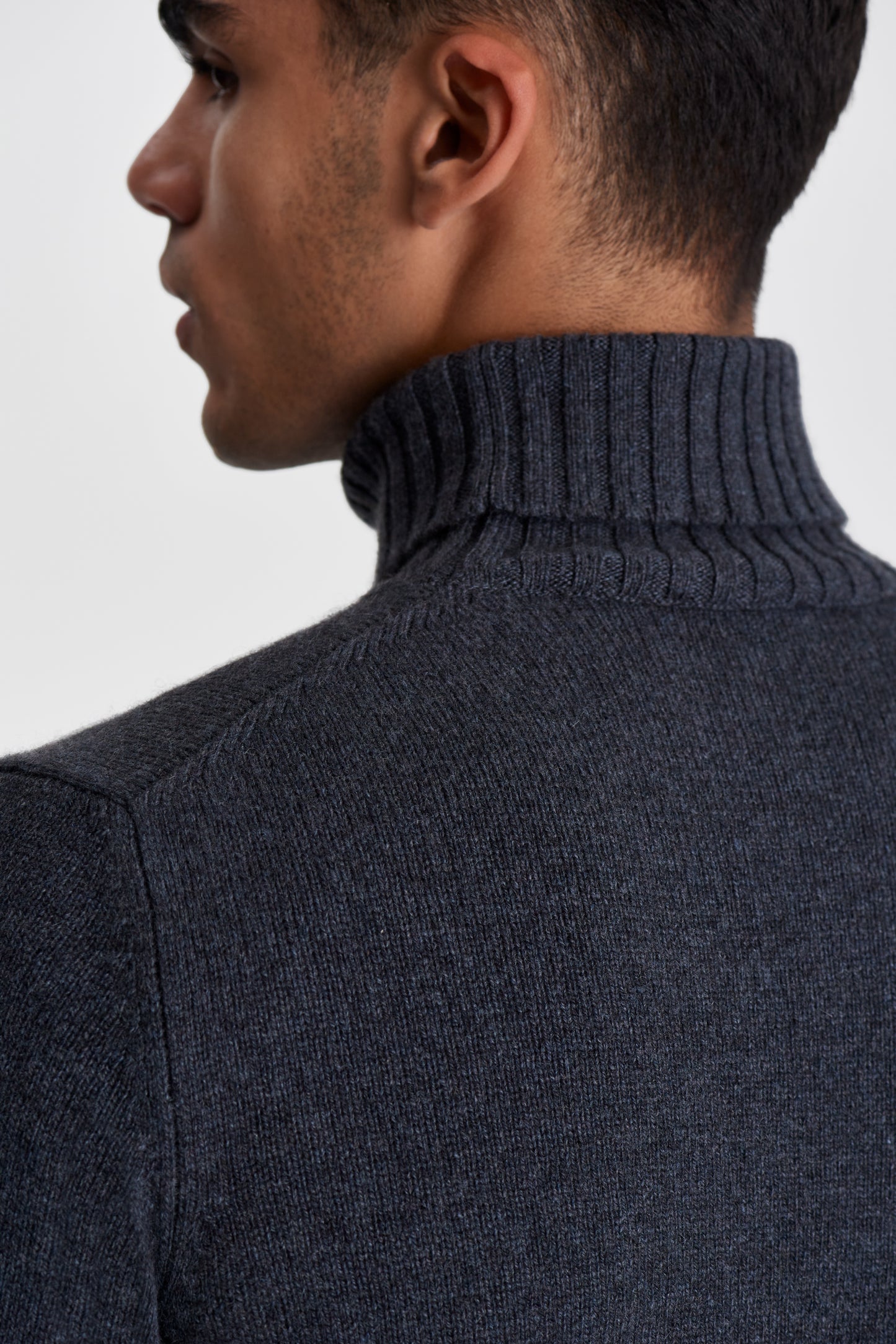 Cashmere Roll Neck Sweater Steel Grey Model Back Image