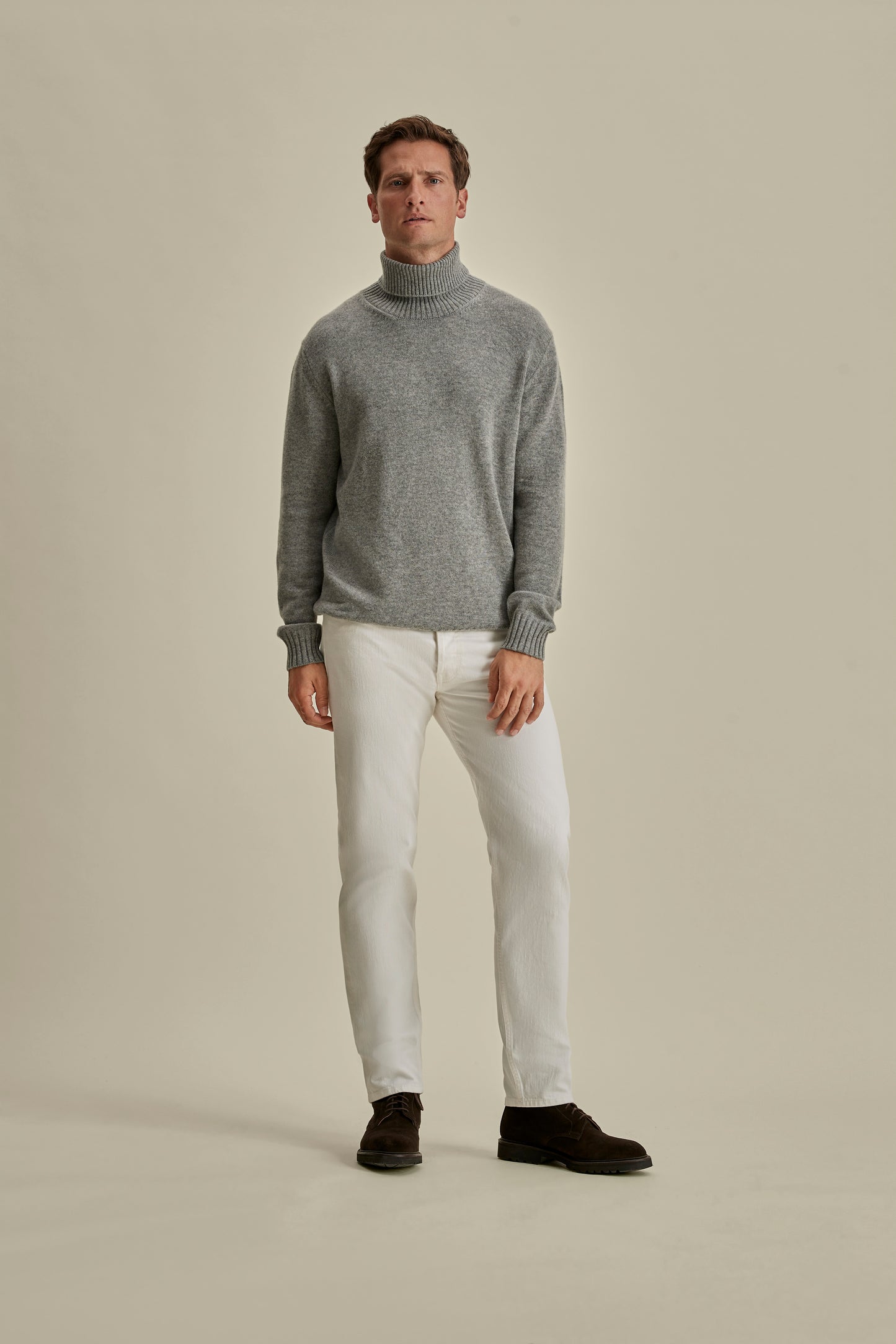 Cashmere Roll Neck Sweater Light Grey Model Image