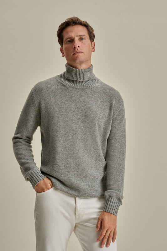 Cashmere Roll Neck Sweater Light Grey Model Cropped Image