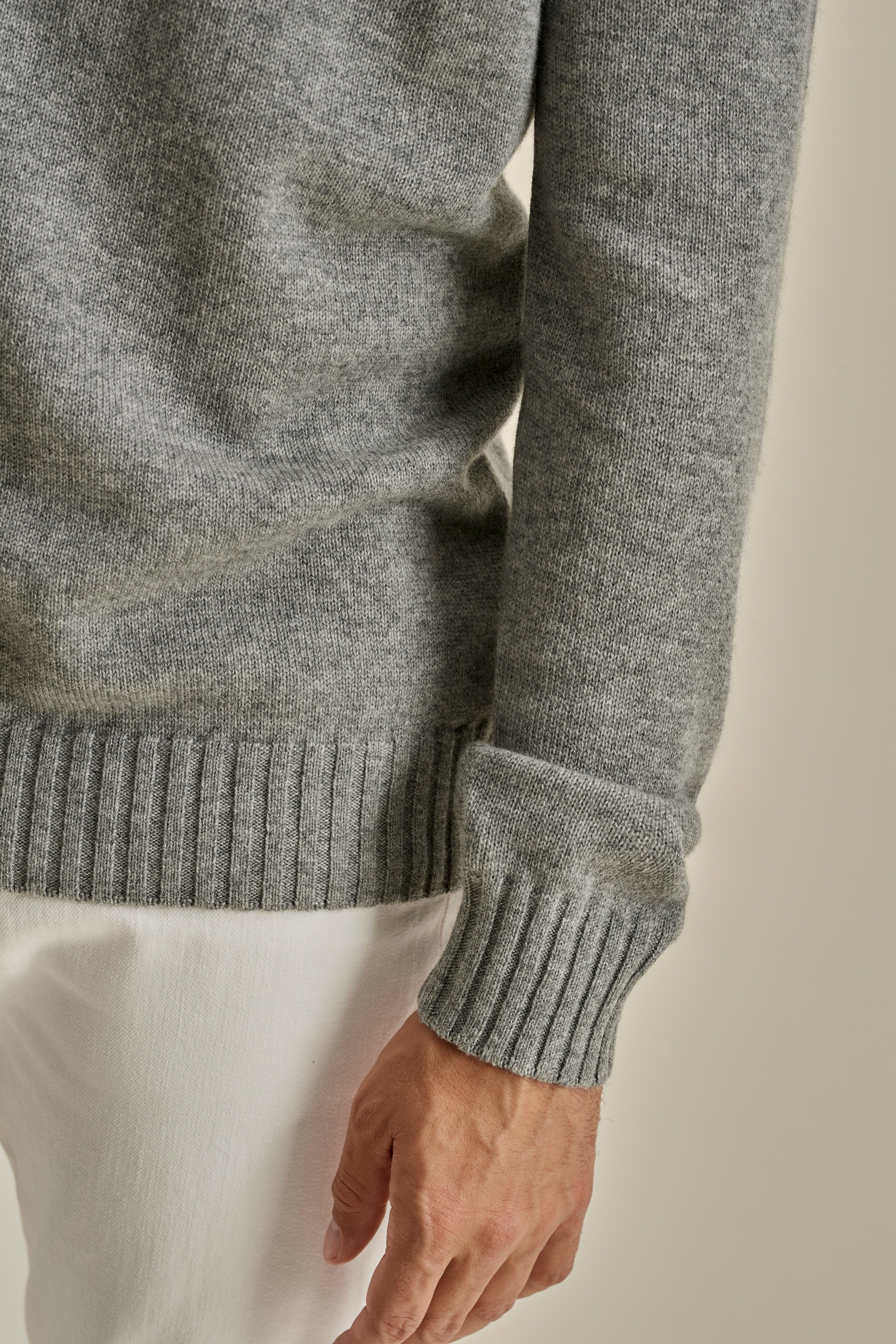 Cashmere Roll Neck Sweater Light Grey Model Sleeve Image