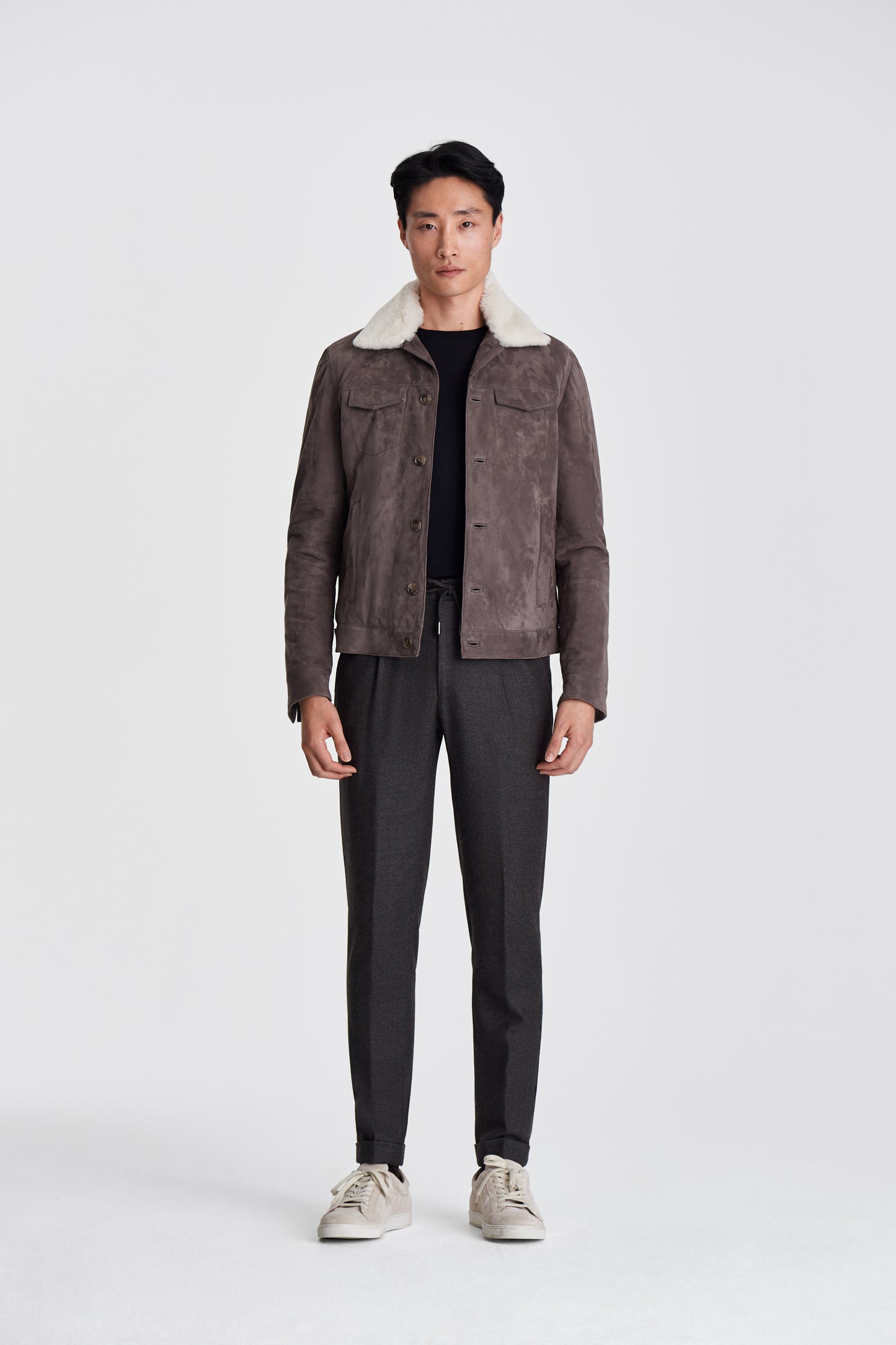 Suede Fur Lined Trucker Jacket Grey Model Image