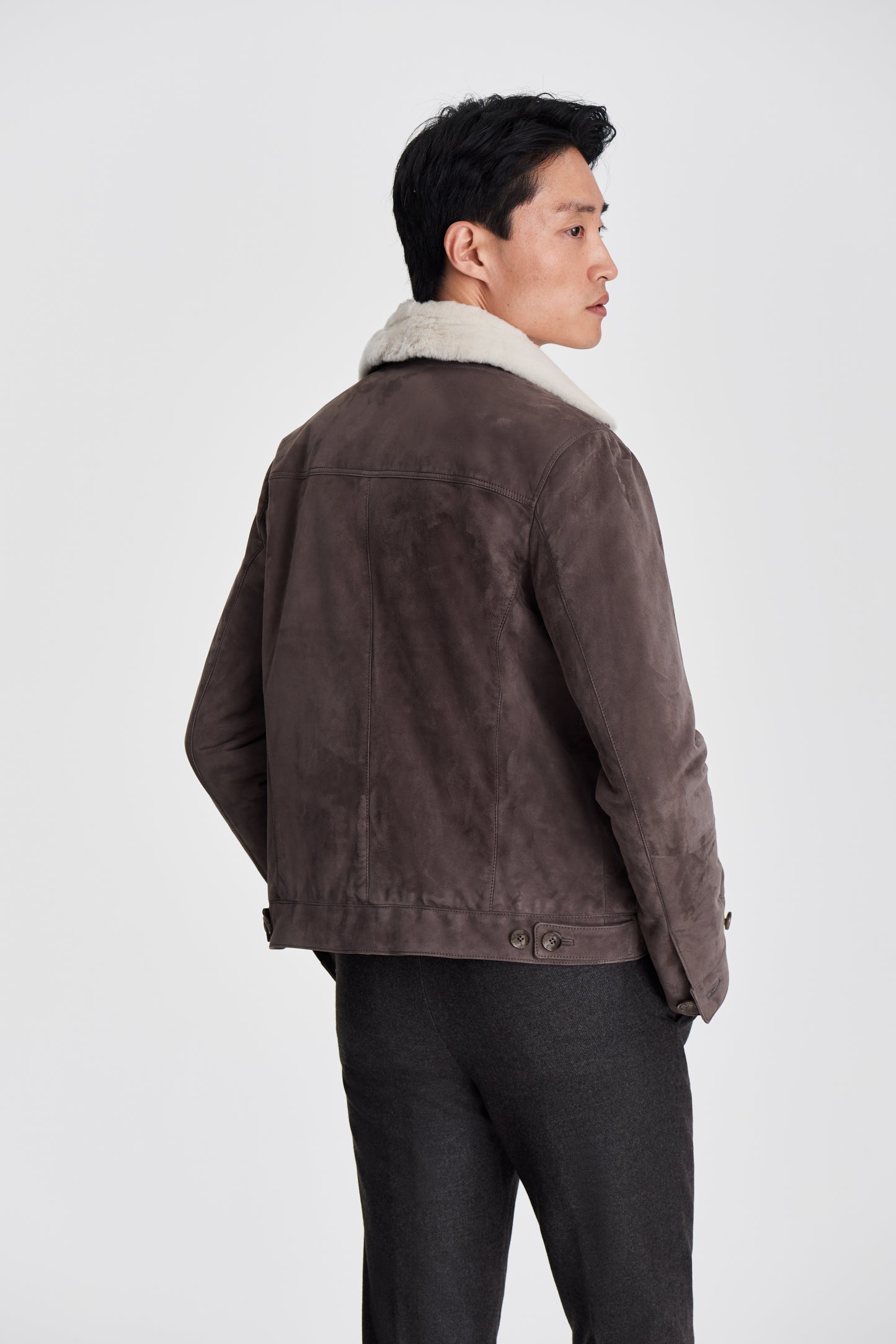 Suede Fur Lined Trucker Jacket Grey Model Back Image