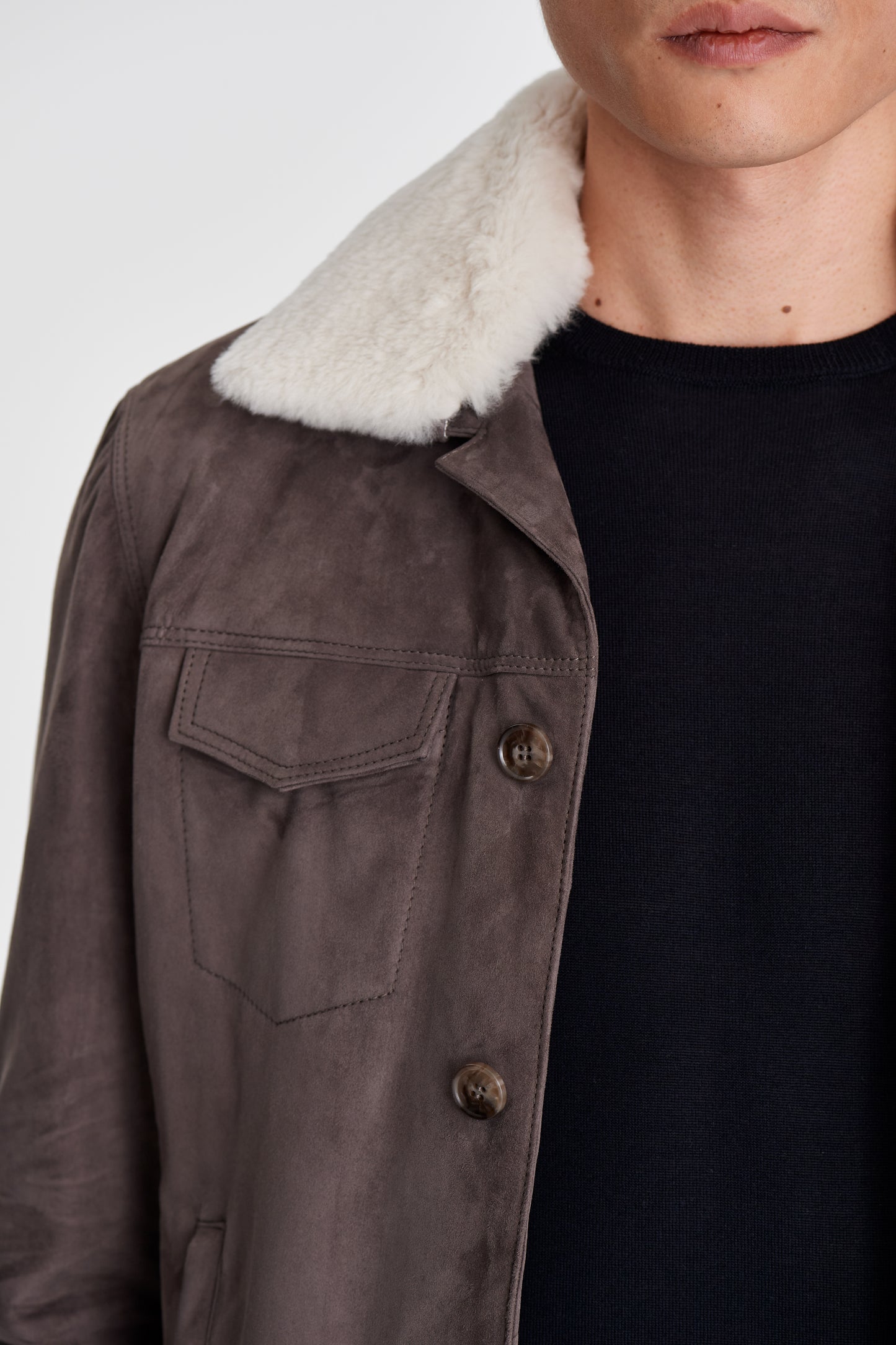 Suede Fur Lined Trucker Jacket Grey Model Pocket Image