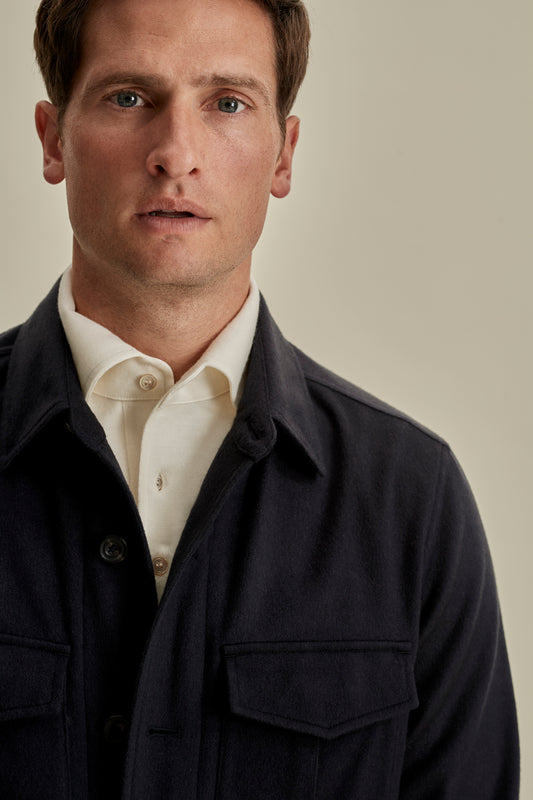 Cashmere Overshirt Navy Model Collar Image