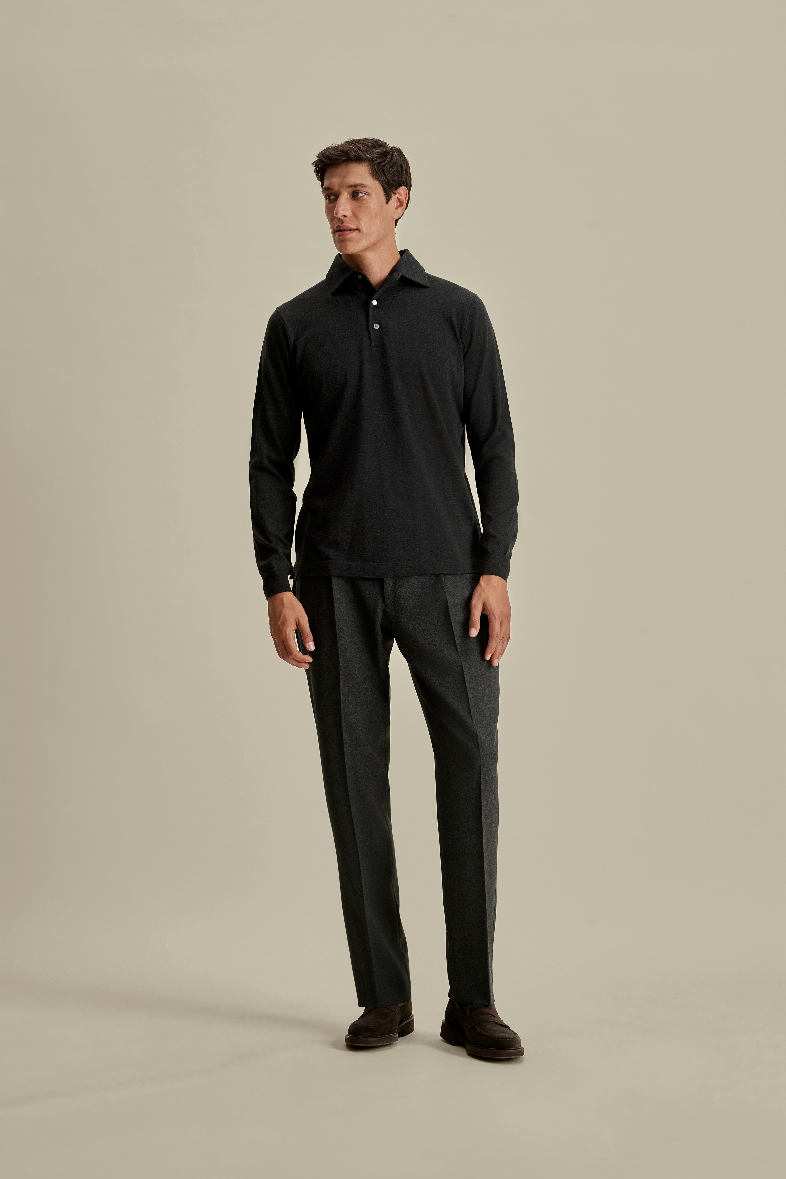 Merino Wool Extrafine Long Sleeve Polo Shirt Charcoal Model Image