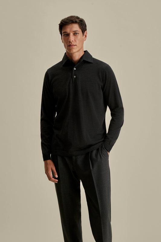Merino Wool Extrafine Long Sleeve Polo Shirt Charcoal Model Cropped Image