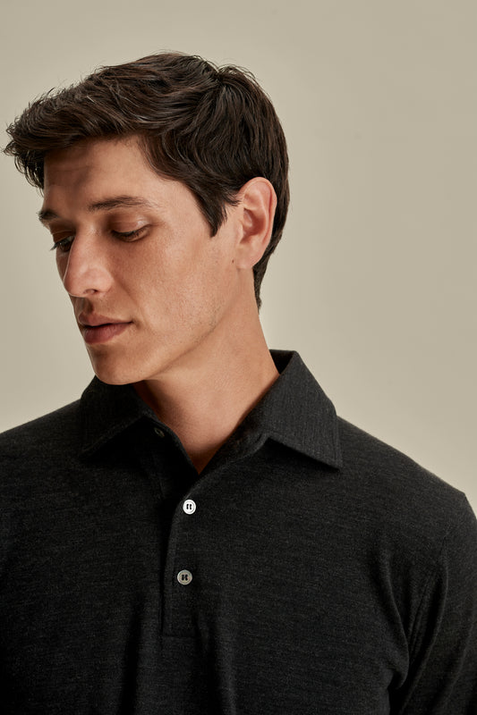 Merino Wool Extrafine Long Sleeve Polo Shirt Charcoal Model Collar Image