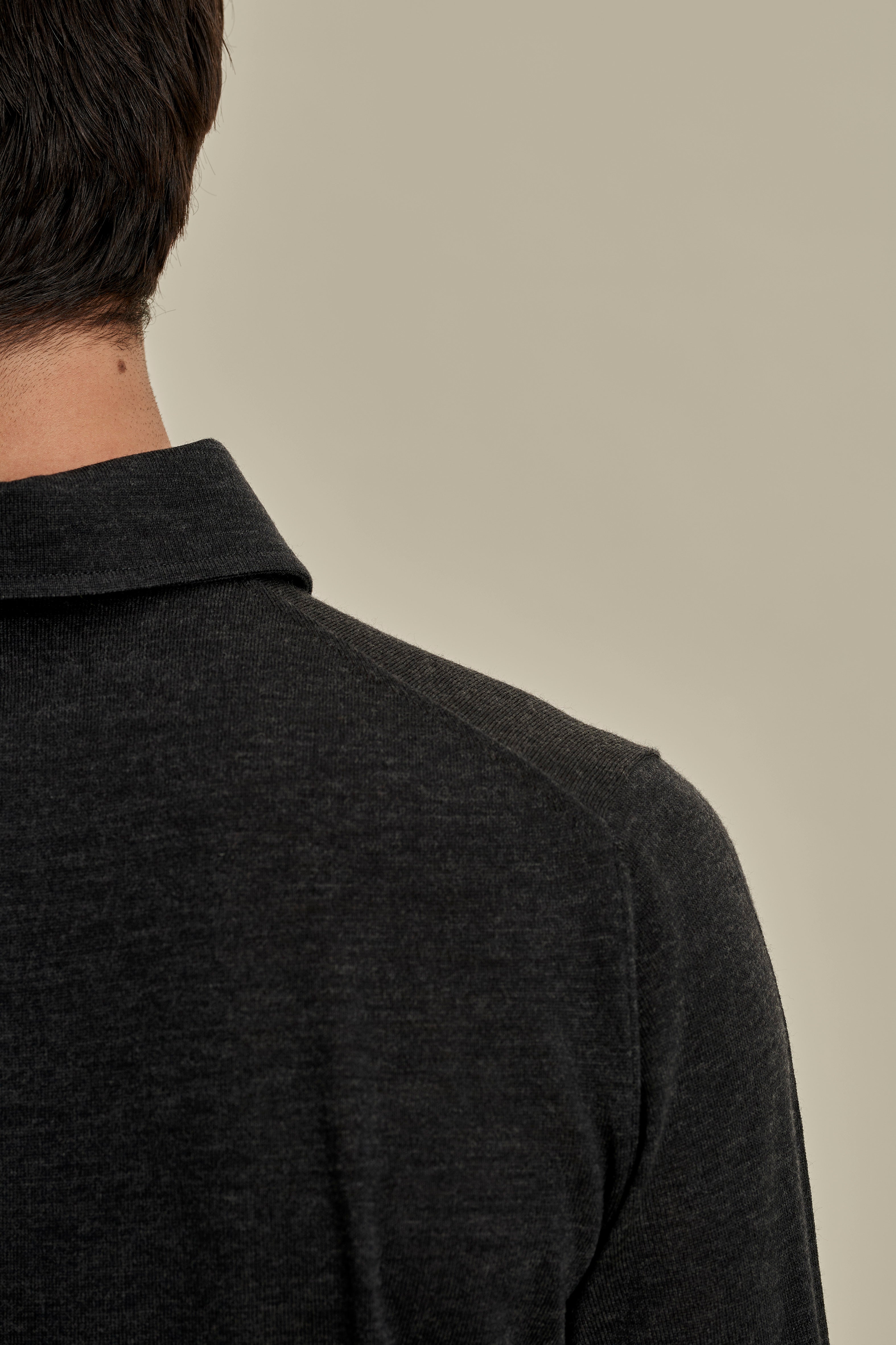 Merino Wool Extrafine Long Sleeve Polo Shirt Charcoal Model Neck Image