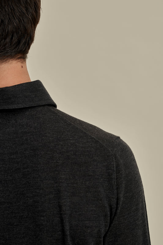 Merino Wool Extrafine Long Sleeve Polo Shirt Charcoal Model Neck Image