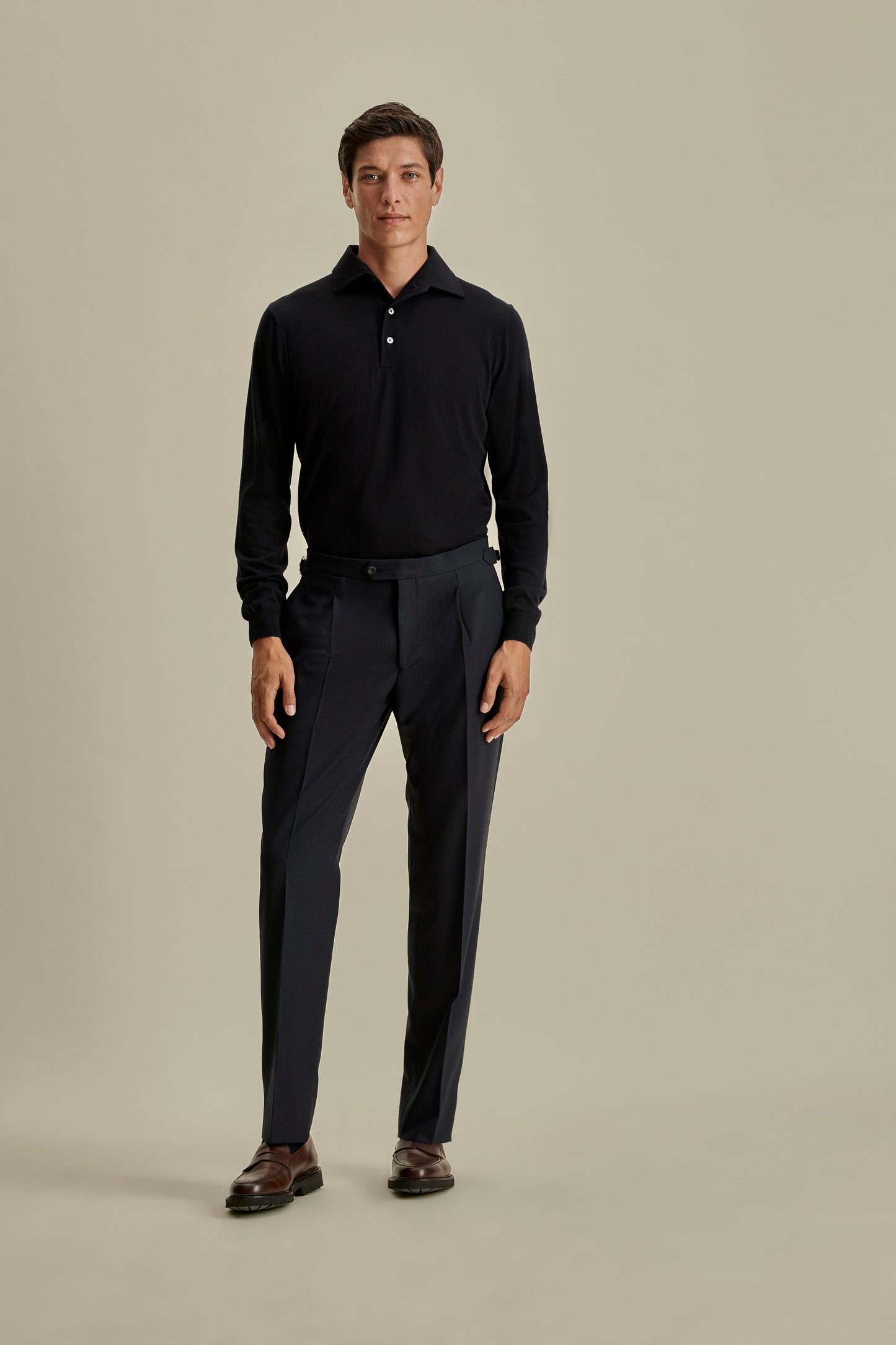 Merino Wool Extrafine Long Sleeve Polo Shirt Navy Model Image