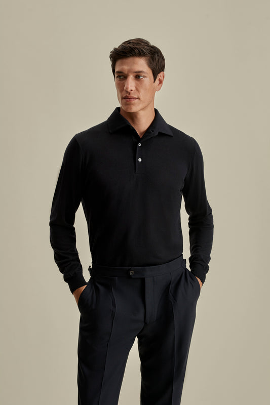Merino Wool Extrafine Long Sleeve Polo Shirt Navy Model Cropped Image