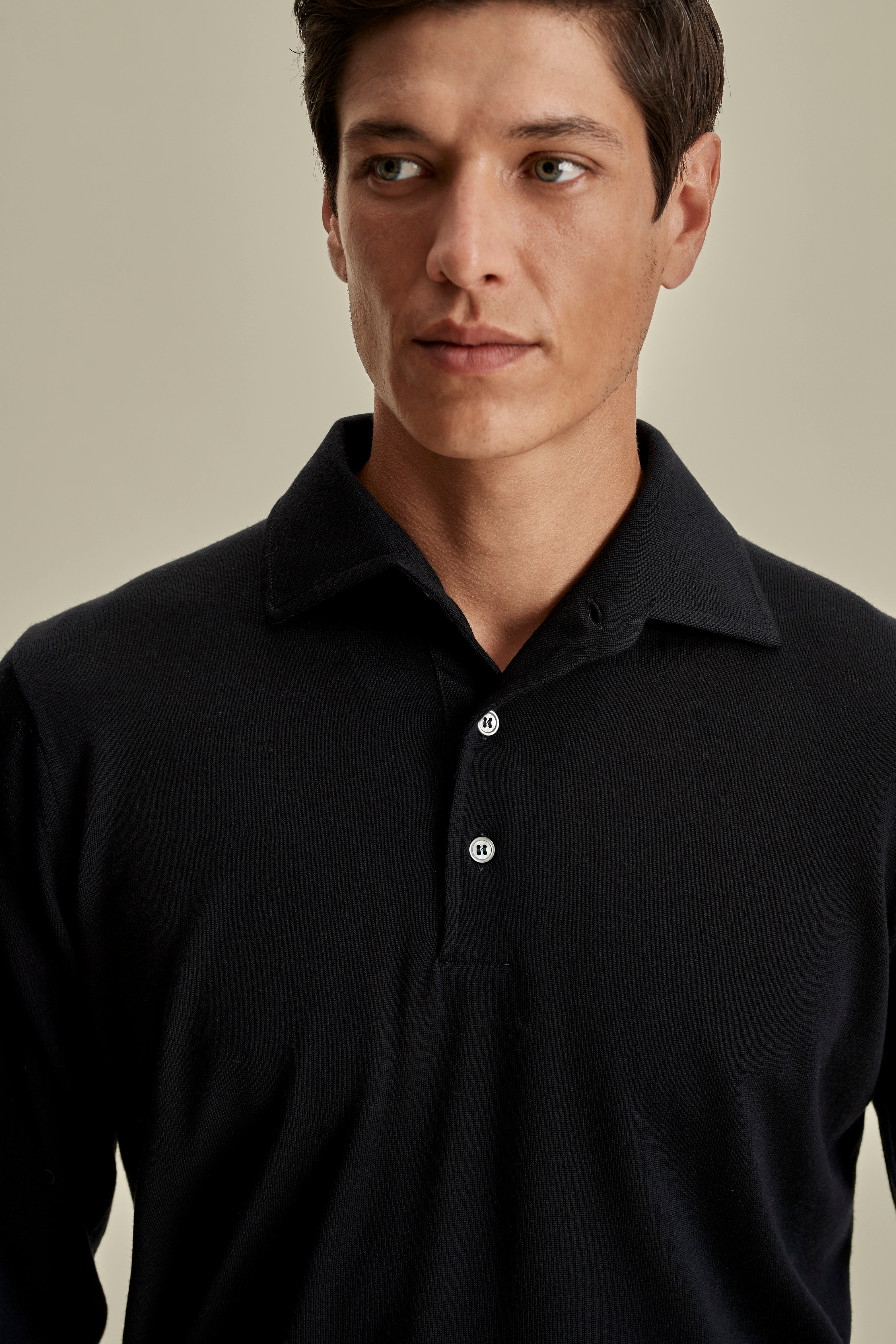 Merino Wool Extrafine Long Sleeve Polo Shirt Navy Model Neck Image