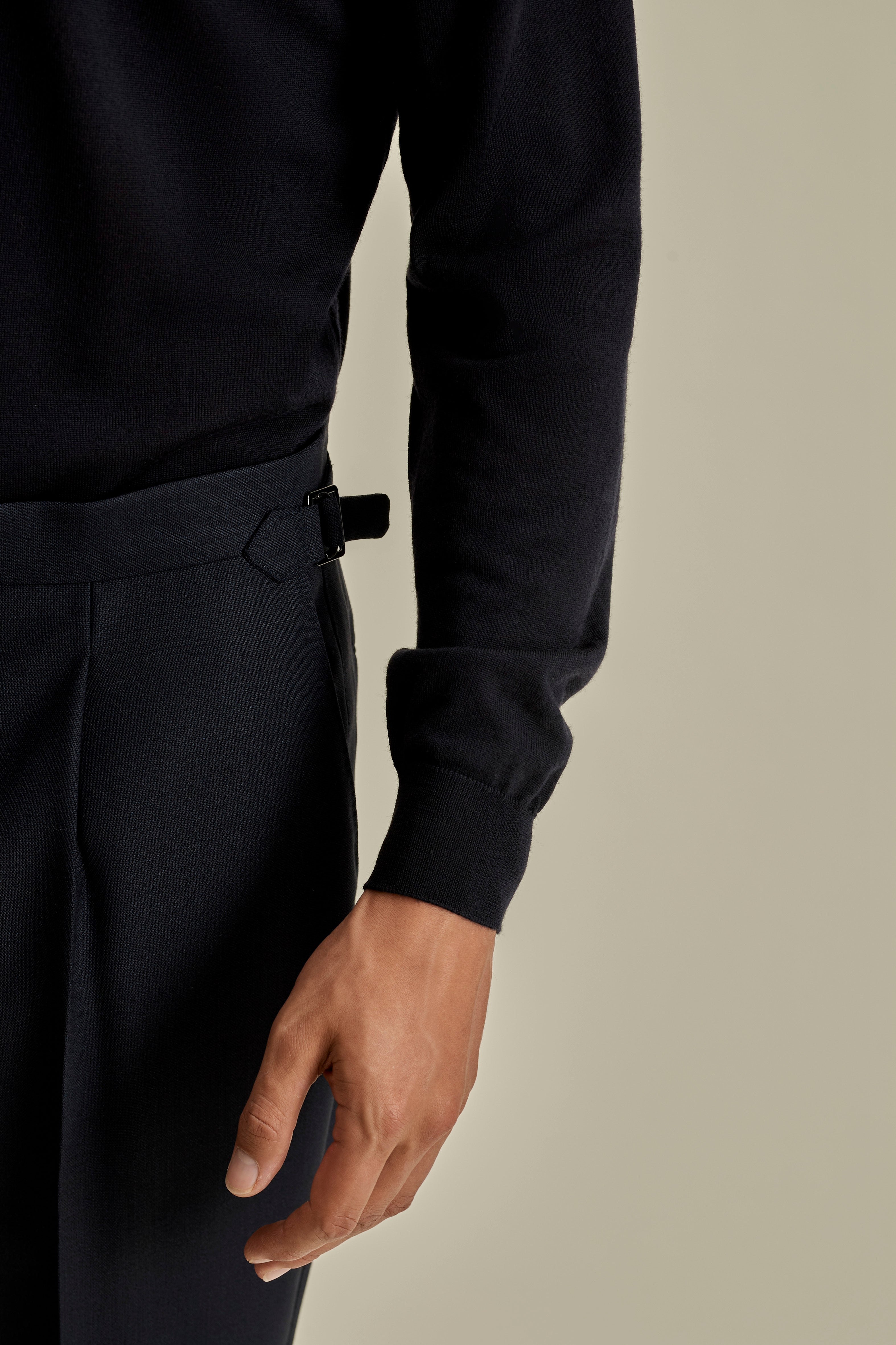 Merino Wool Extrafine Long Sleeve Polo Shirt Navy Model Sleeve Image