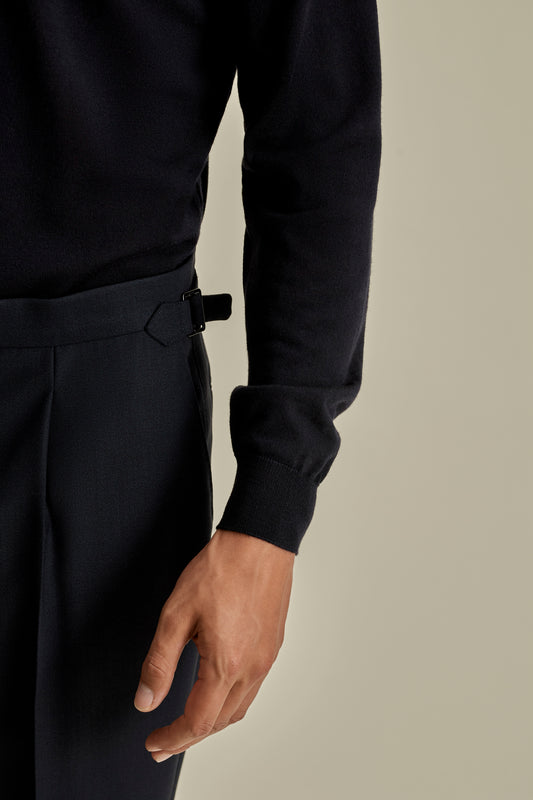 Merino Wool Extrafine Long Sleeve Polo Shirt Navy Model Sleeve Image