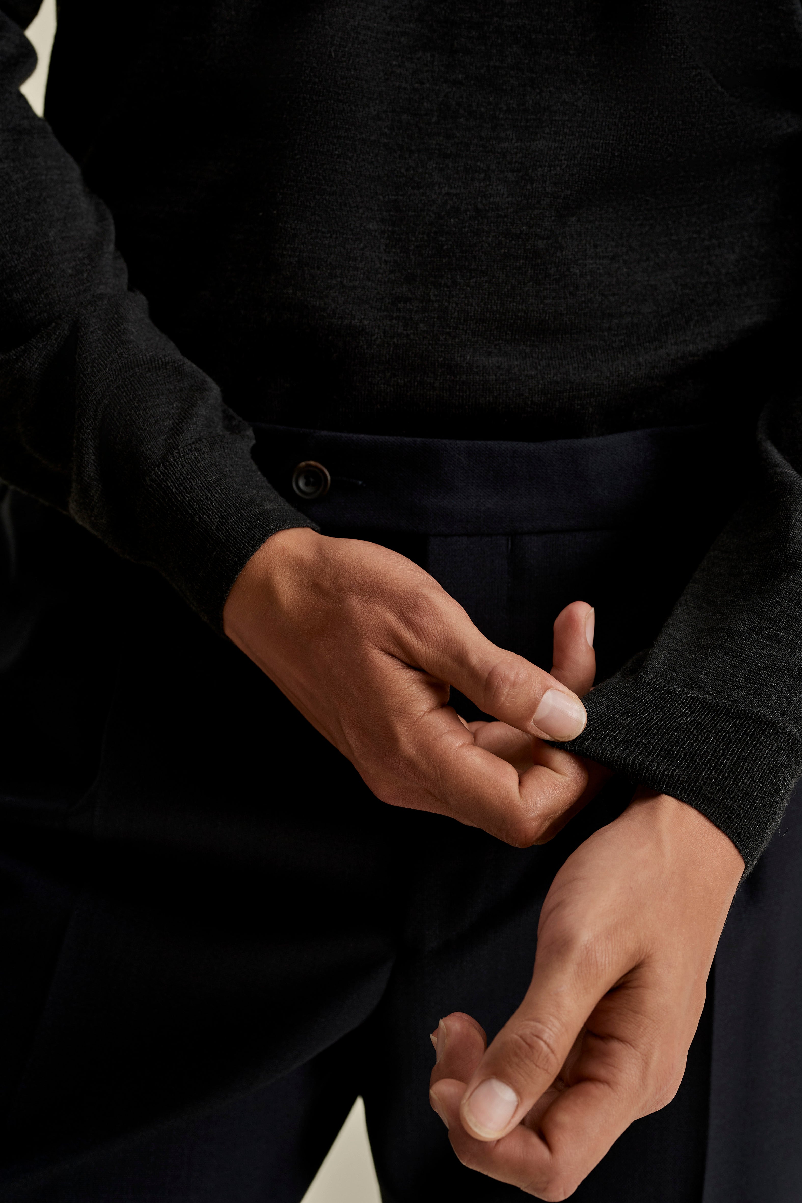 Merino Wool Extrafine Crew Neck Sweater Charcoal Model Sleeves Image