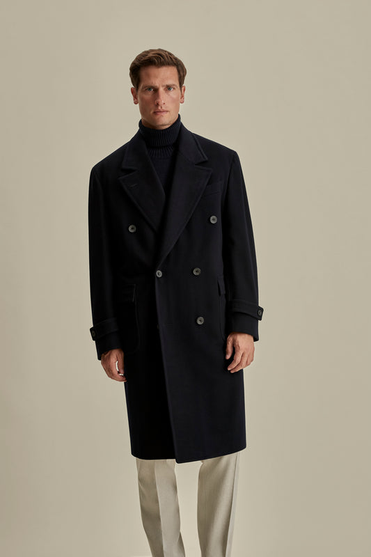 Wool Cashmere Double Breasted Overcoat Navy Model Cropped Image