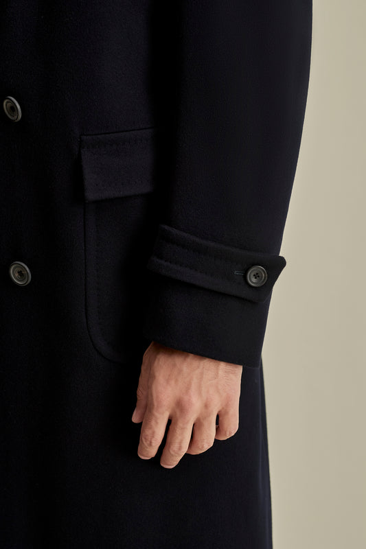 Wool Cashmere Double Breasted Overcoat Navy Model Sleeve Image