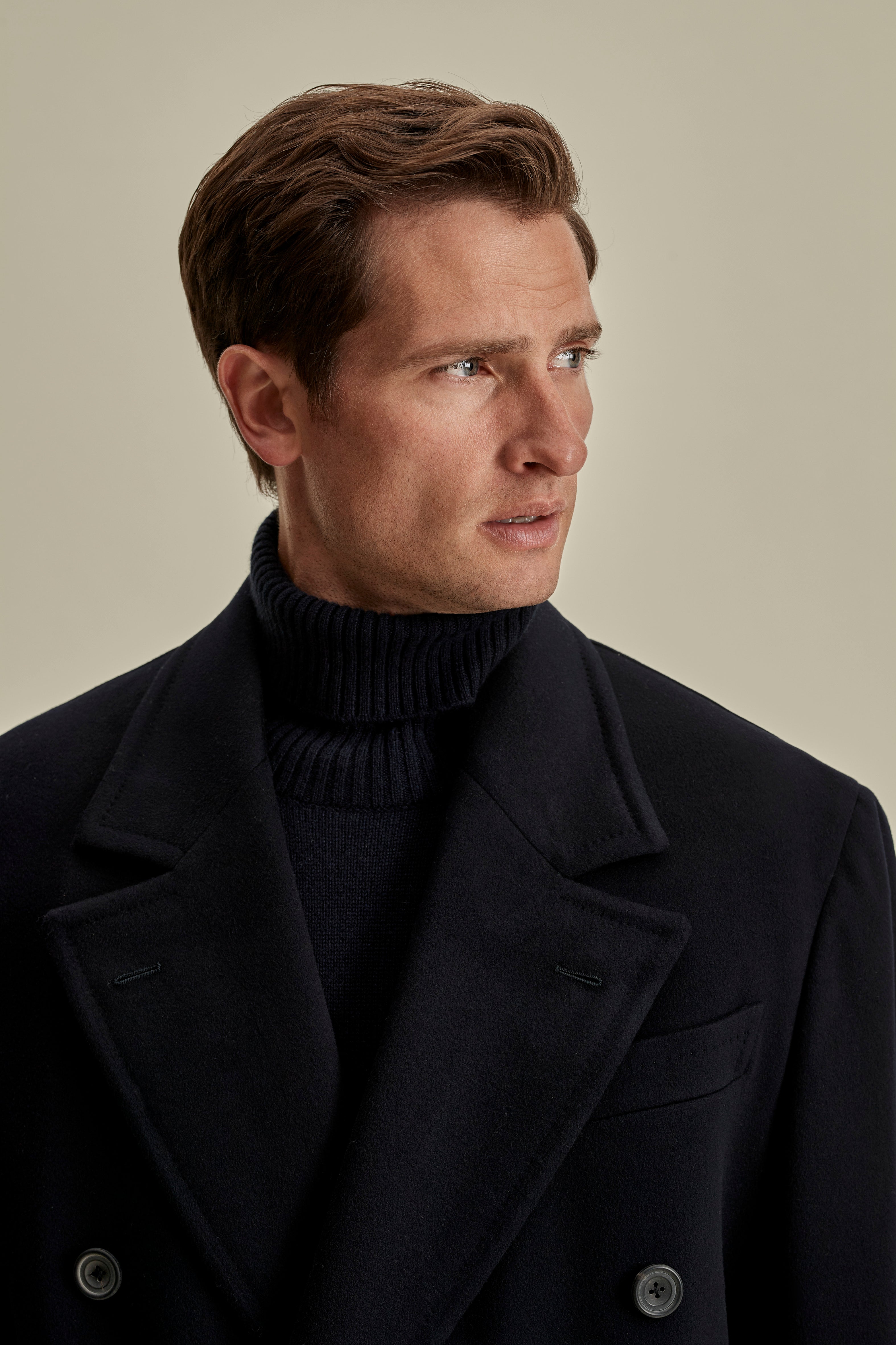 Wool Cashmere Double Breasted Overcoat Navy Model Collar Image